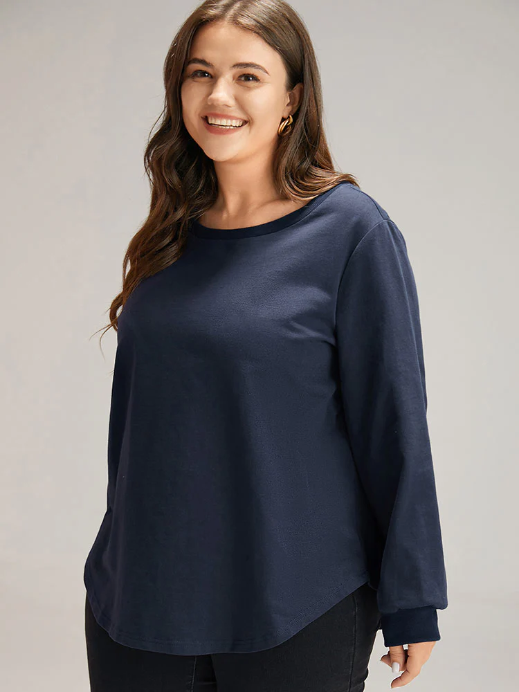 Cotton Curved Hem Elastic Cuffs Sweatshirt - Image 2