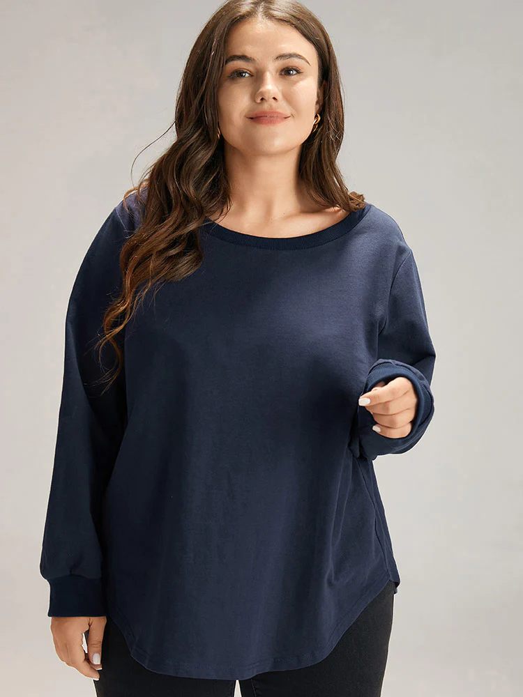Cotton Curved Hem Elastic Cuffs Sweatshirt - Image 3