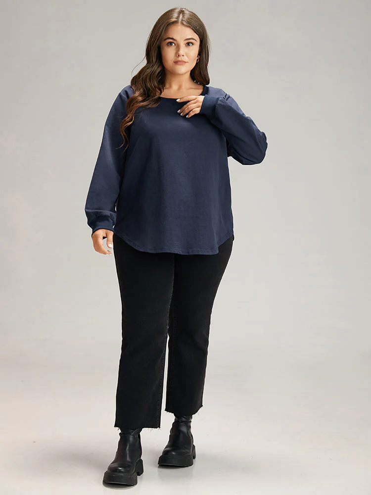 Cotton Curved Hem Elastic Cuffs Sweatshirt - Image 4