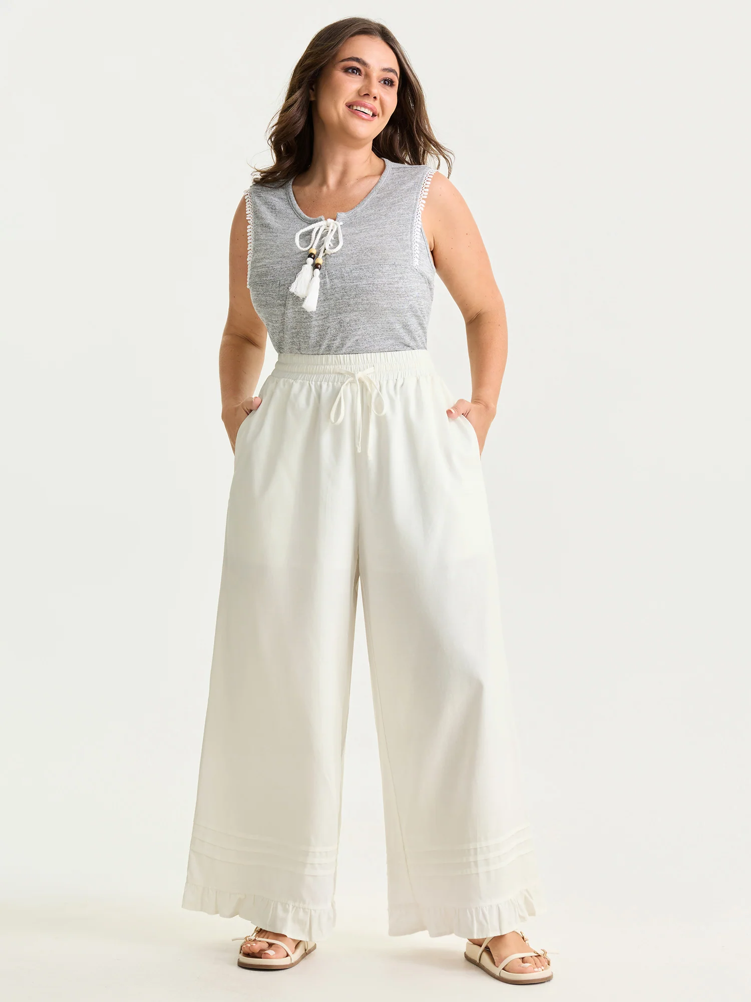Cotton Drawstring Waist Semi-Sheer Straight Pants - Image 2