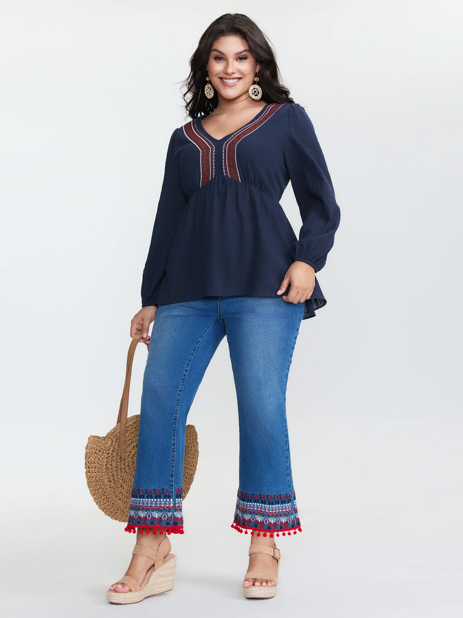 Cotton Embroidered Neckline Babydoll Blouse - Image 2