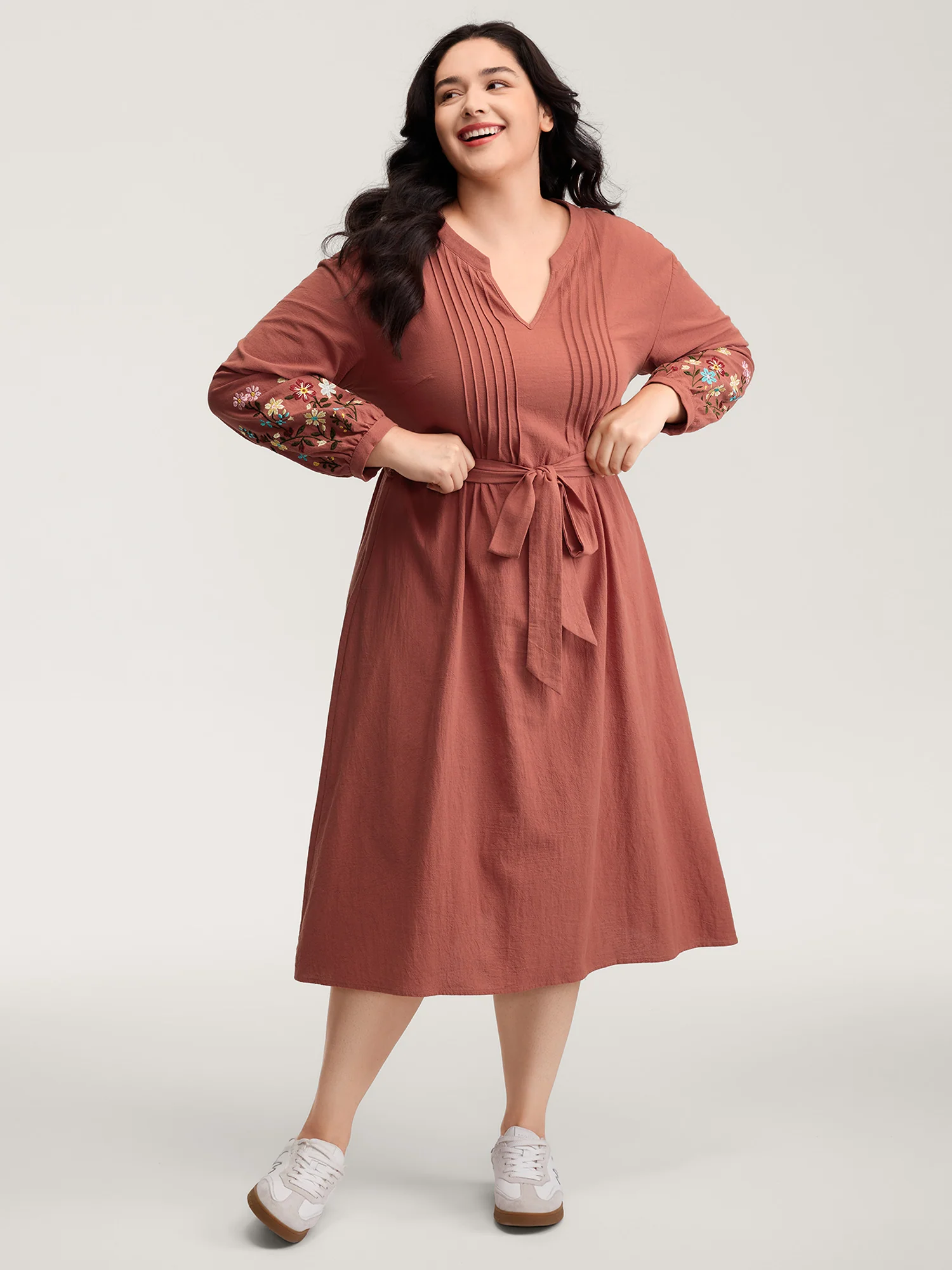 Cotton Embroidered Sleeve Waist-Tie Midi Dress - Image 3