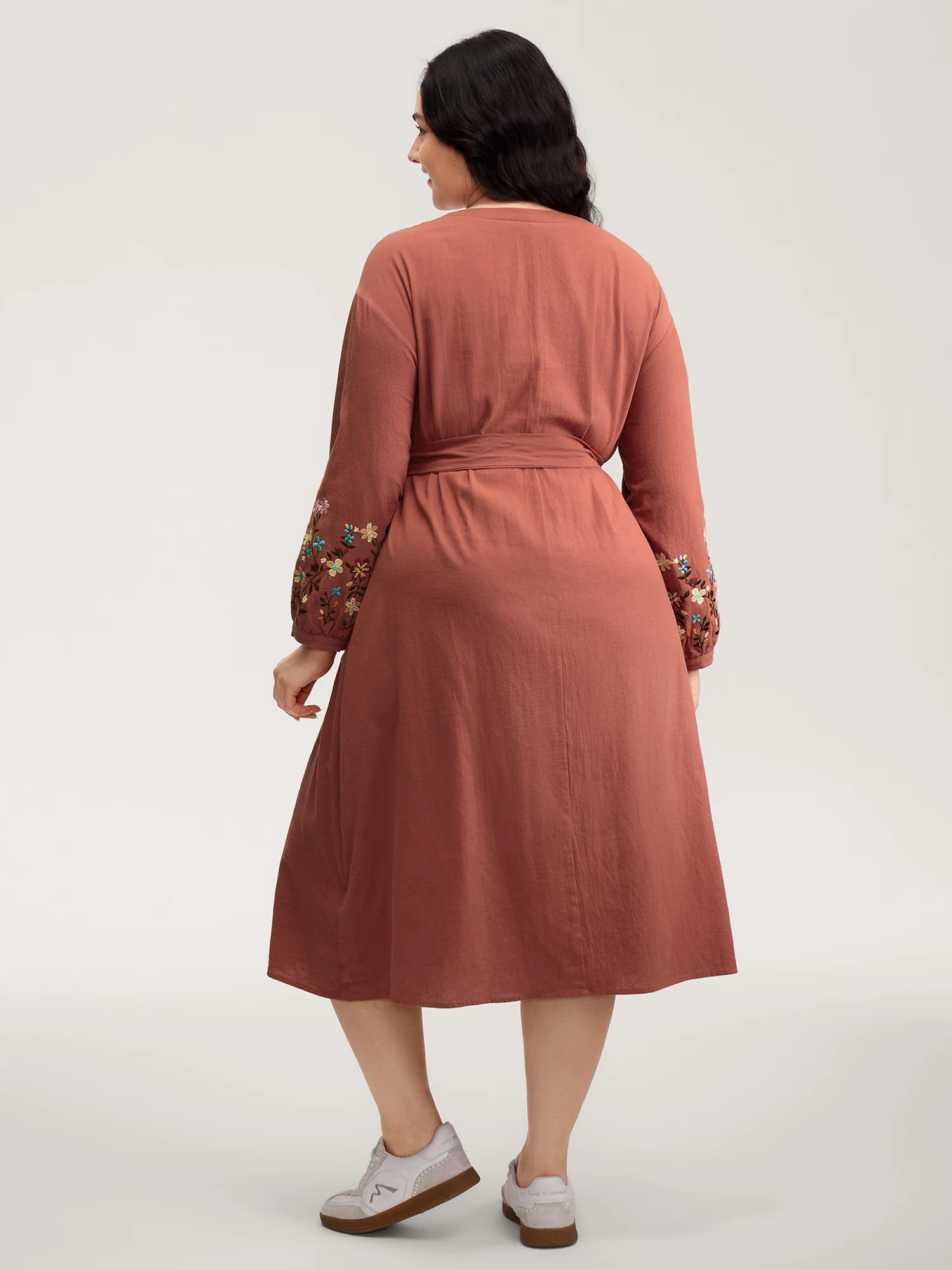 Cotton Embroidered Sleeve Waist-Tie Midi Dress - Image 4