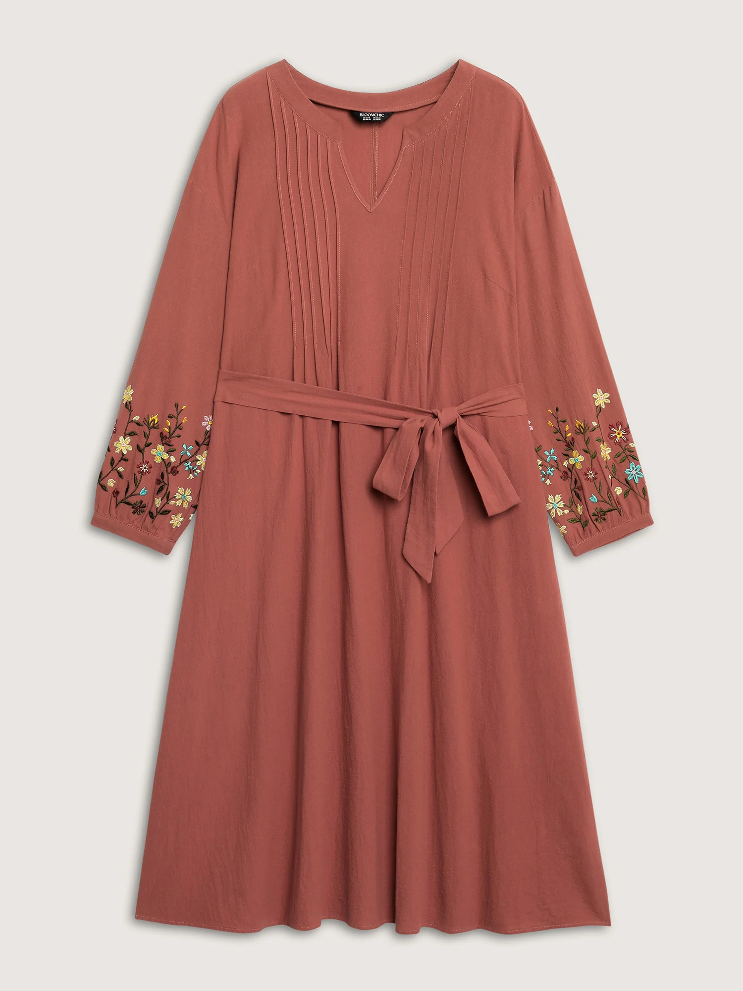 Cotton Embroidered Sleeve Waist-Tie Midi Dress - Image 7