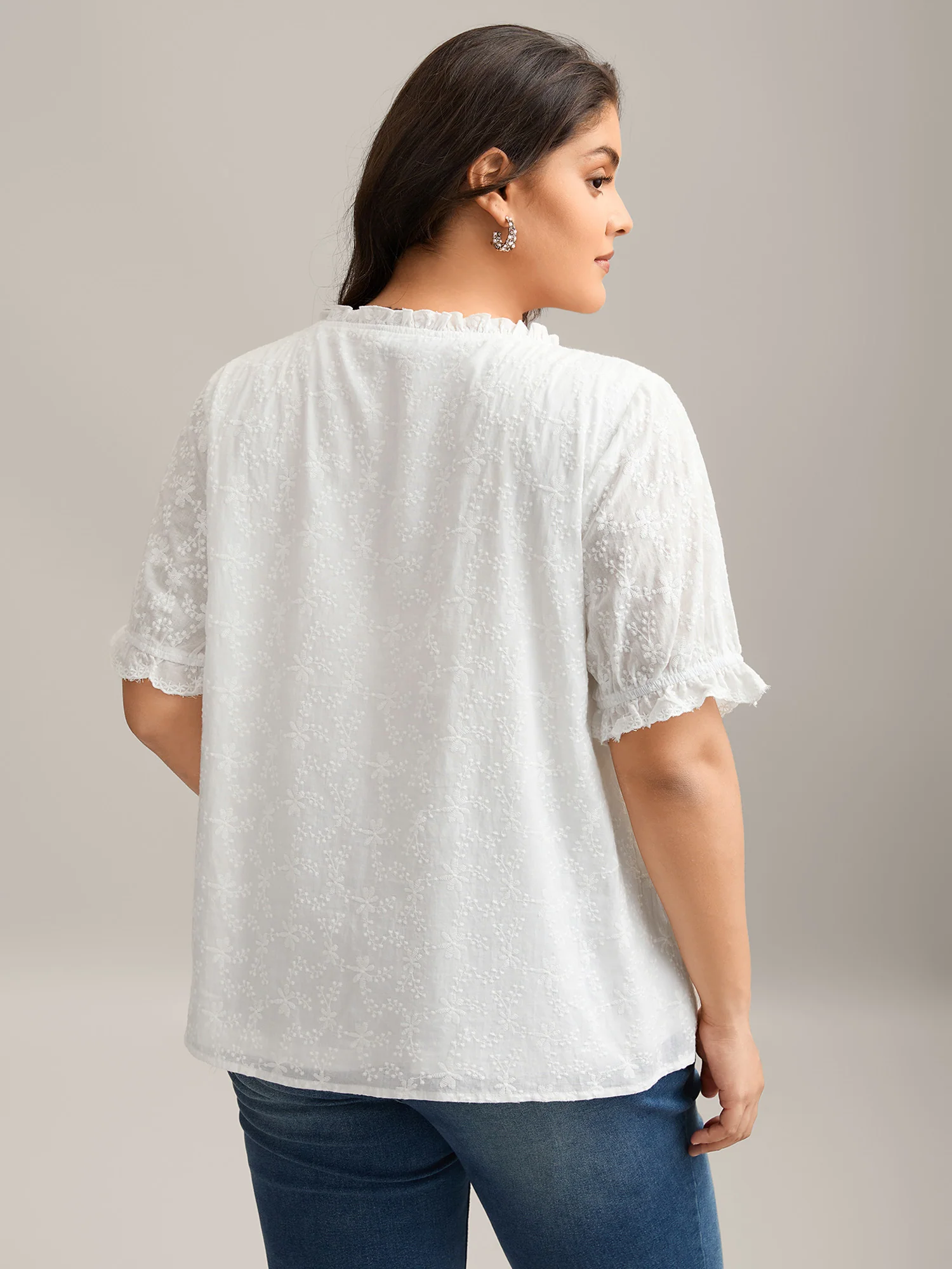 Cotton Embroidery Notched Neck Tie Shirt - Image 2