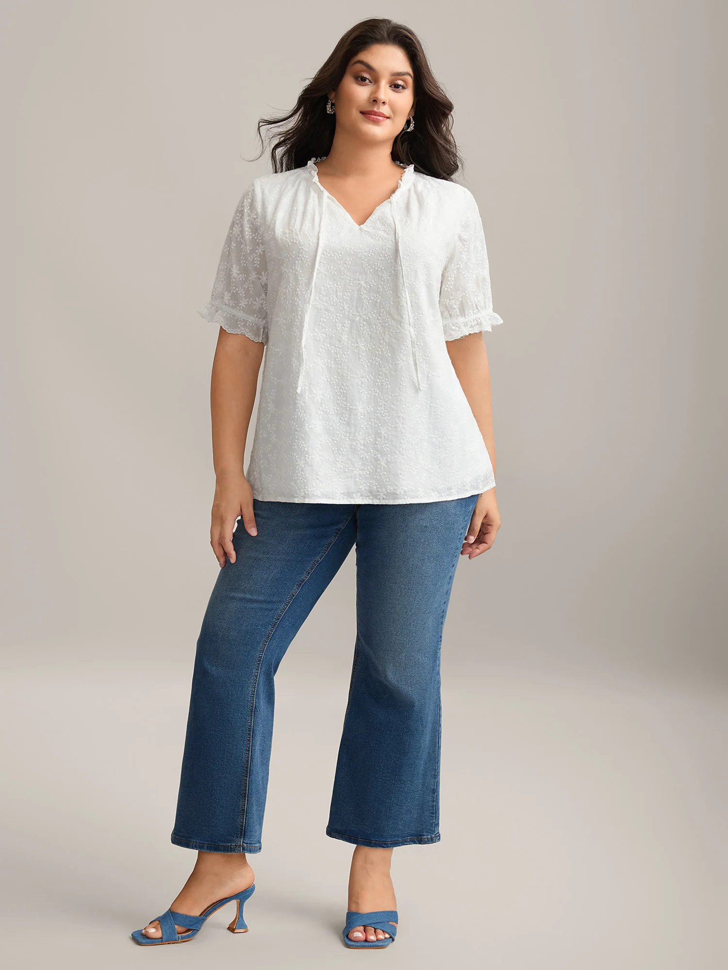 Cotton Embroidery Notched Neck Tie Shirt - Image 3