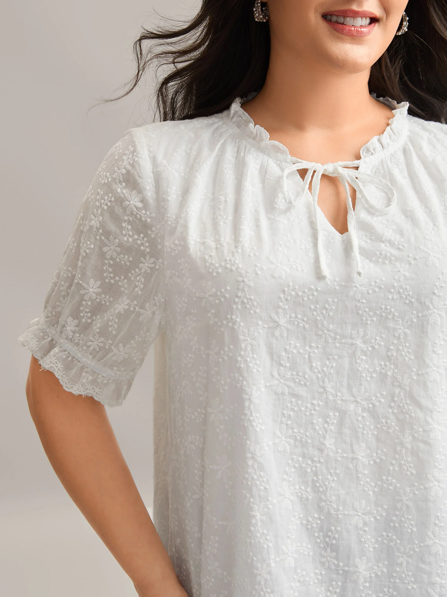 Cotton Embroidery Notched Neck Tie Shirt - Image 4