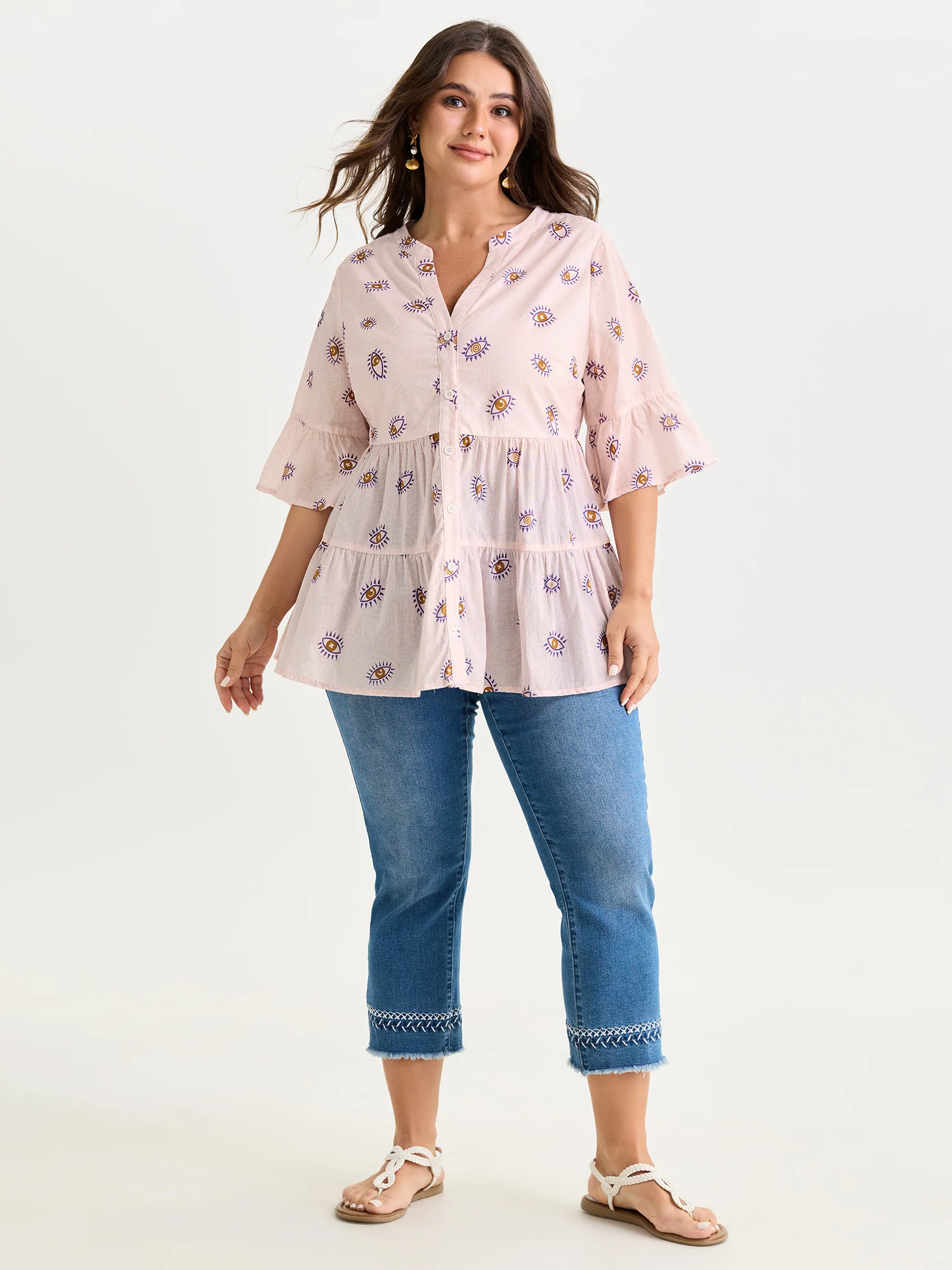 Cotton Eye Print Tiered Open-Front Shirt - Image 3