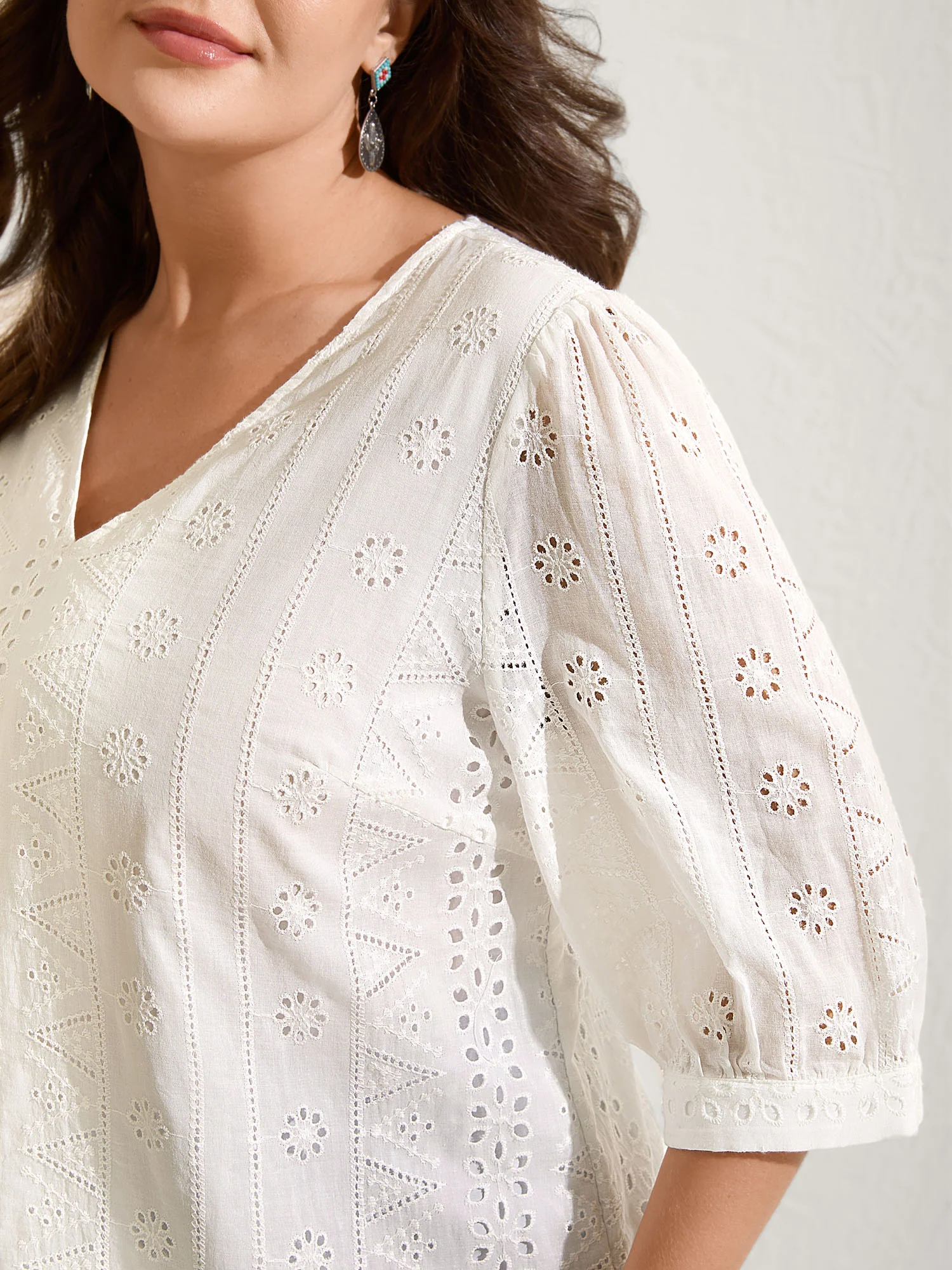 Cotton Eyelet Embroidery V-Neck Blouse - Image 2