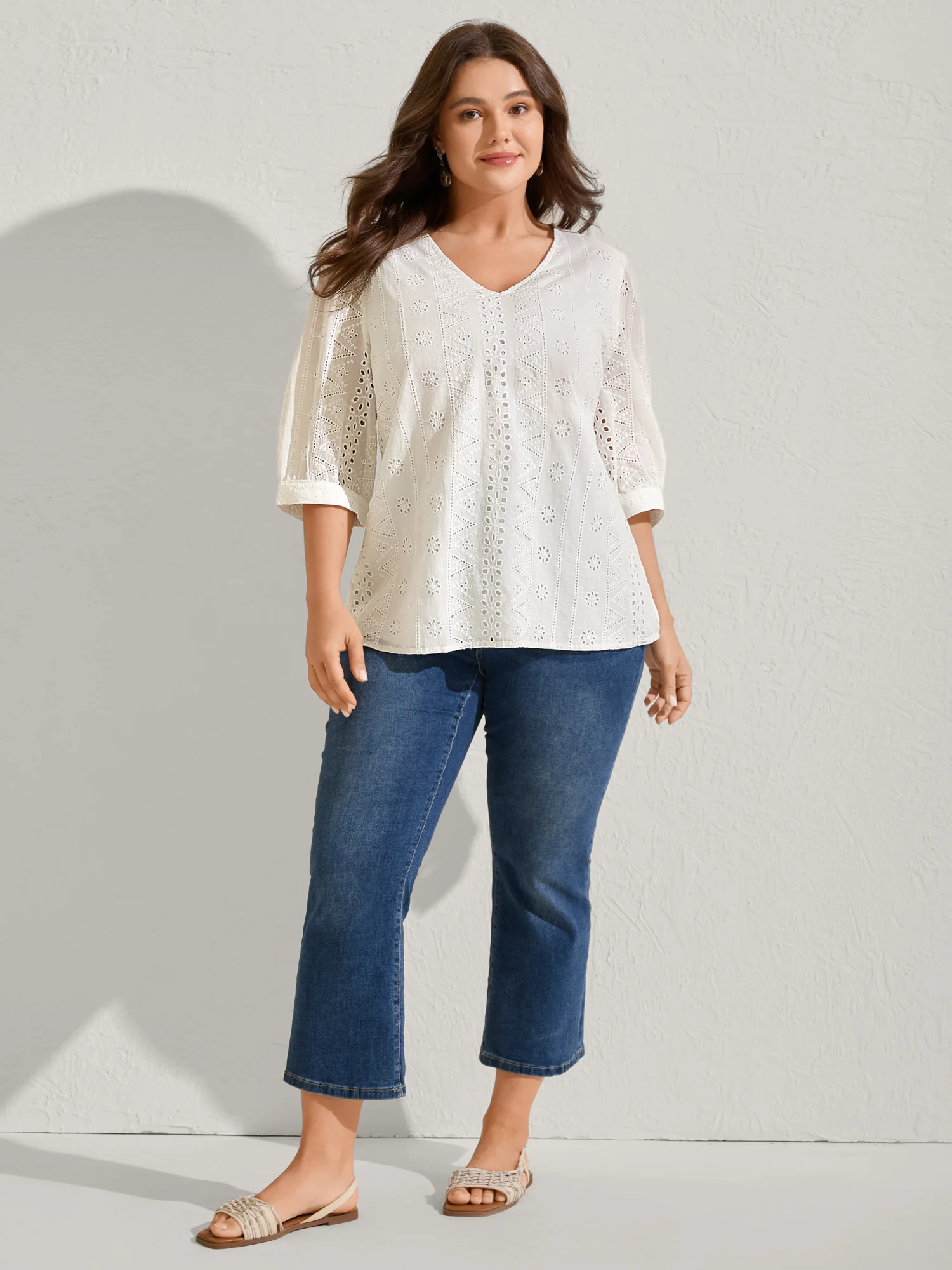 Cotton Eyelet Embroidery V-Neck Blouse - Image 3