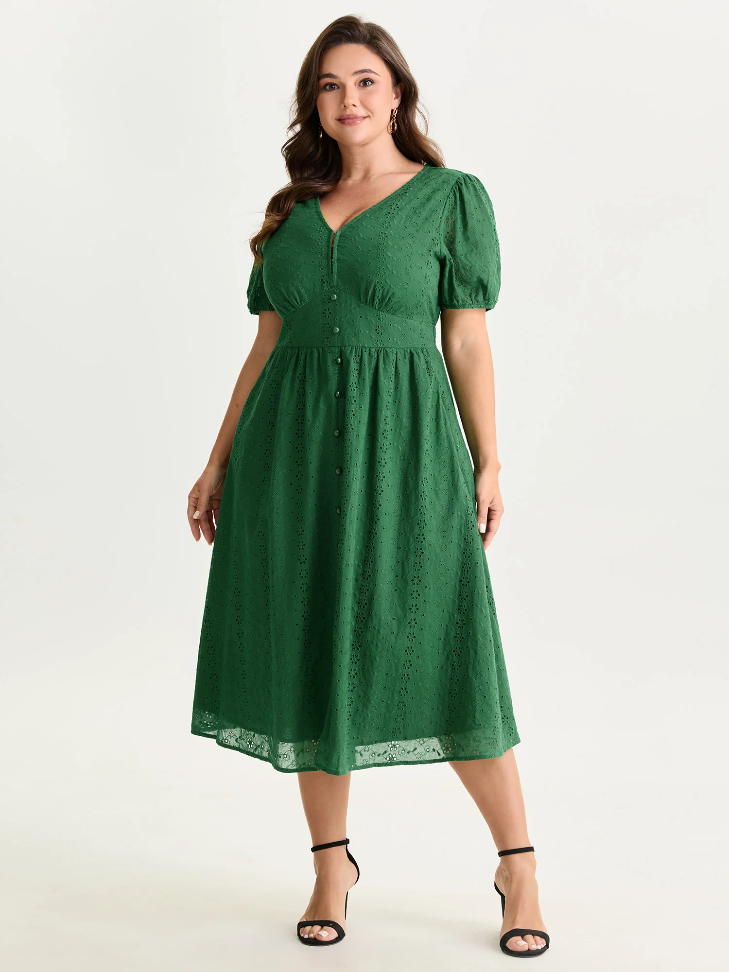 Cotton Eyelet Trim Cinched-Waist Midi Dress - Image 4