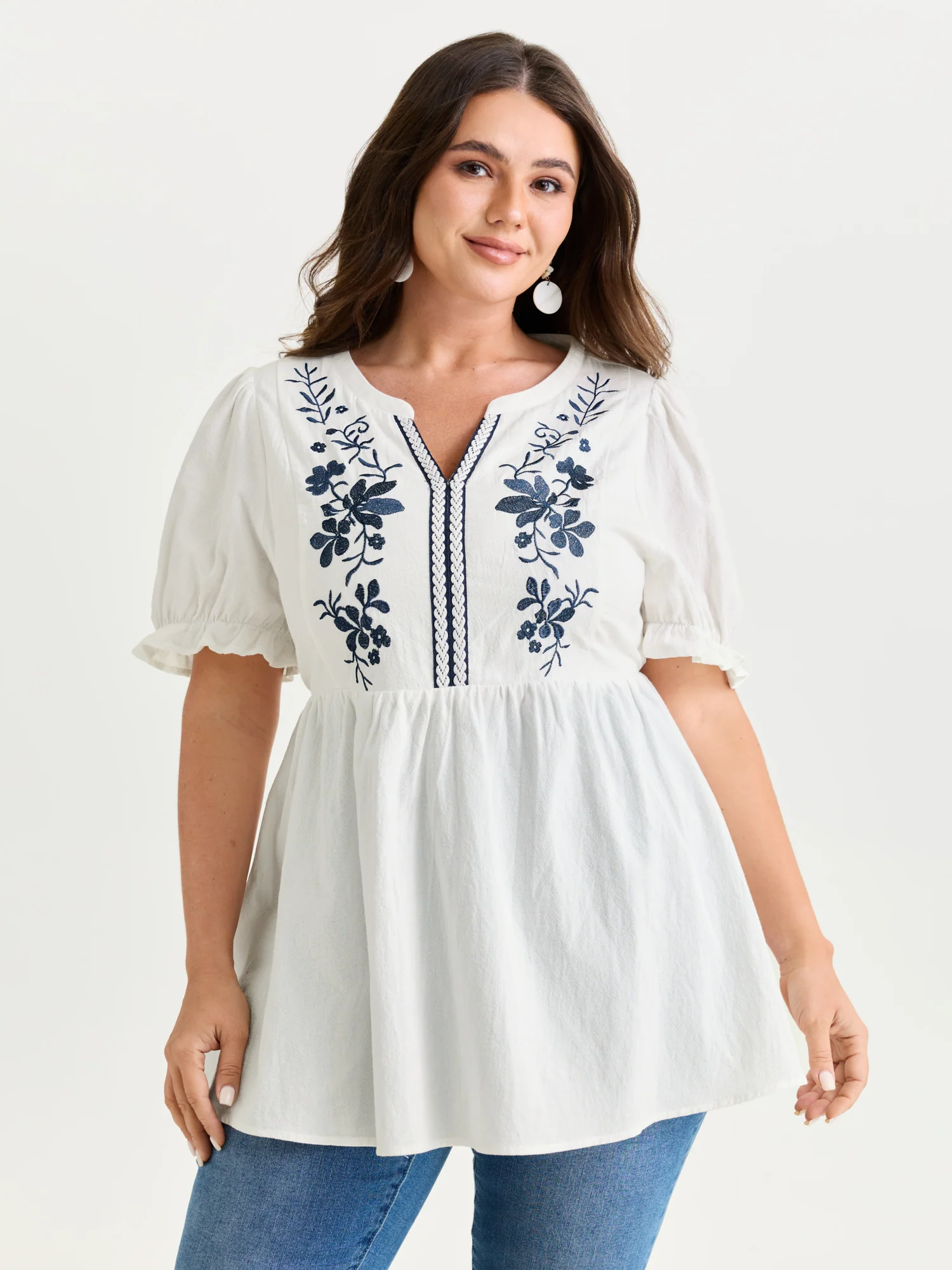 Cotton Floral Embroidered Notched Collar Blouse