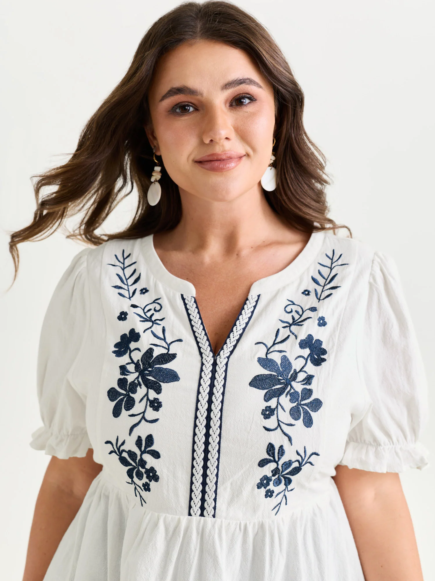 Cotton Floral Embroidered Notched Collar Blouse - Image 2