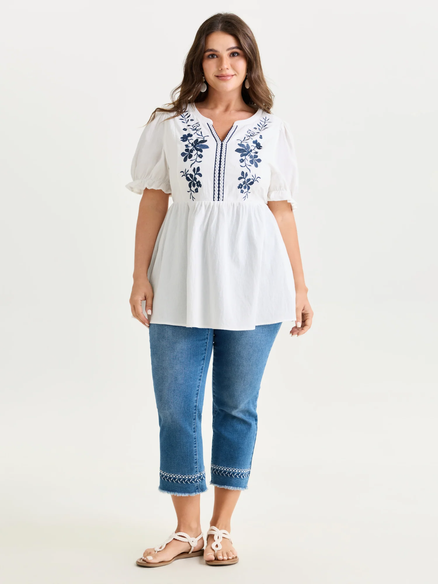 Cotton Floral Embroidered Notched Collar Blouse - Image 3