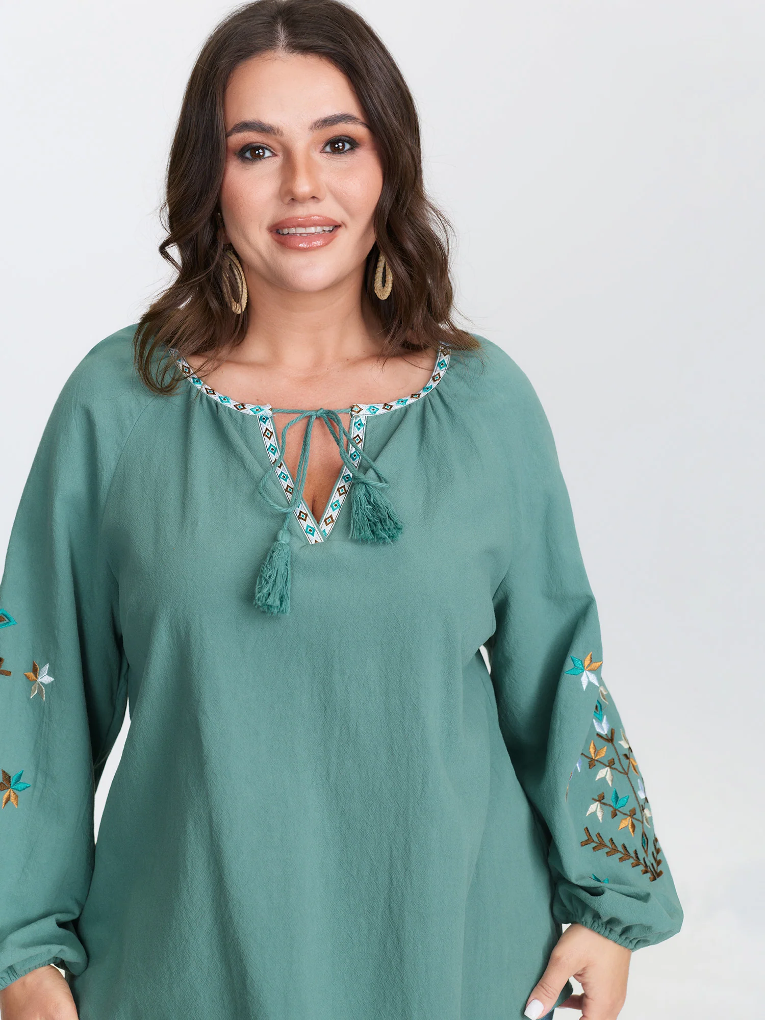 Cotton Floral Embroidered Sleeve Neckline Tie Blouse - Image 3