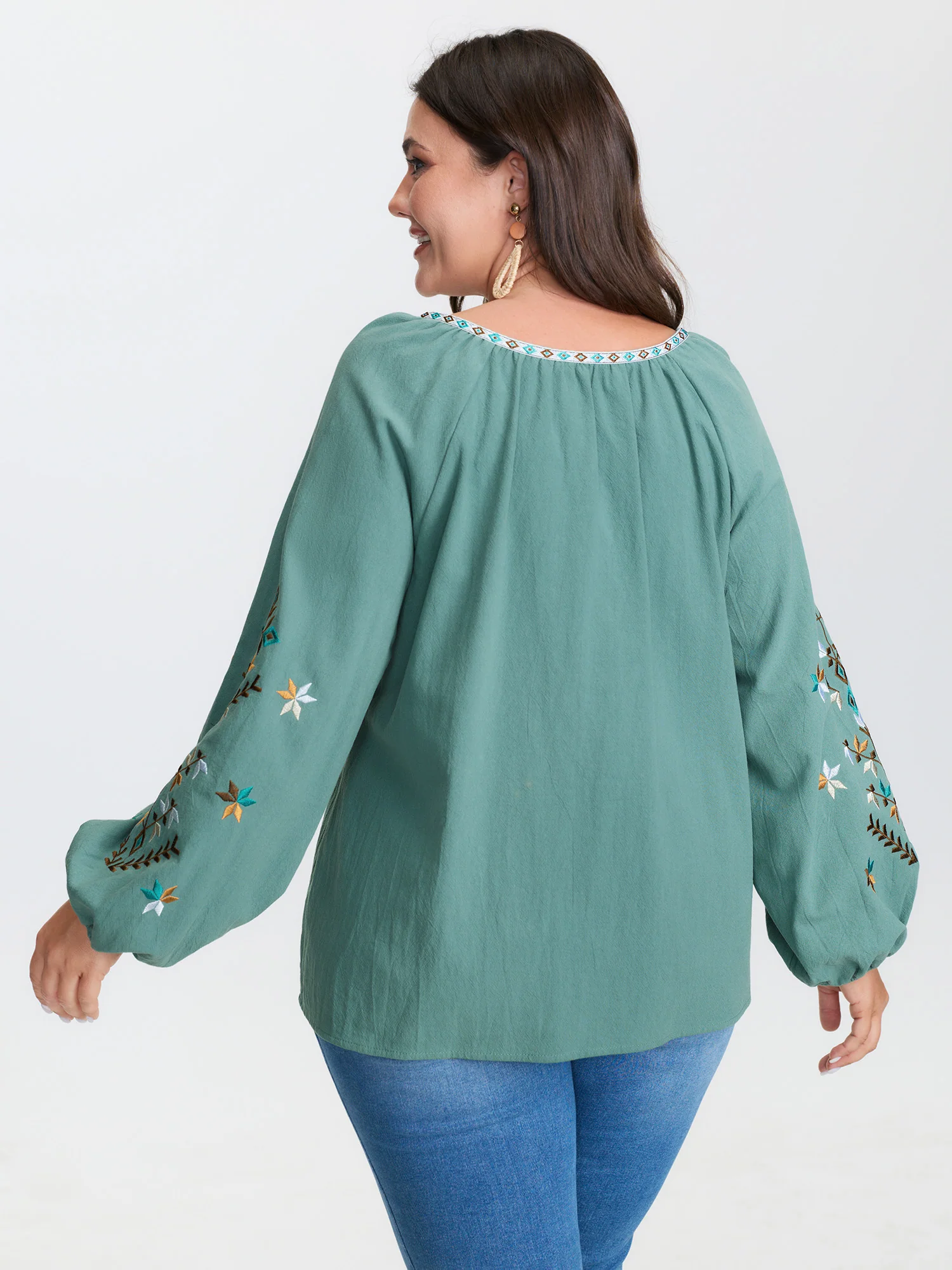 Cotton Floral Embroidered Sleeve Neckline Tie Blouse - Image 4