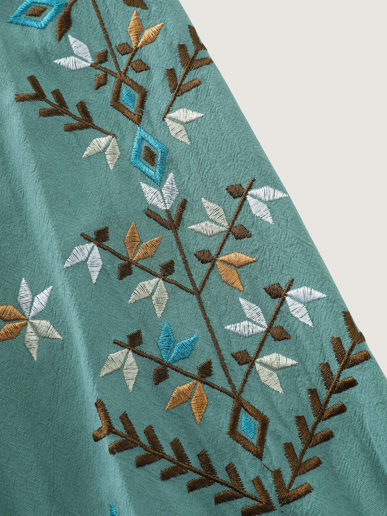 Cotton Floral Embroidered Sleeve Neckline Tie Blouse - Image 6