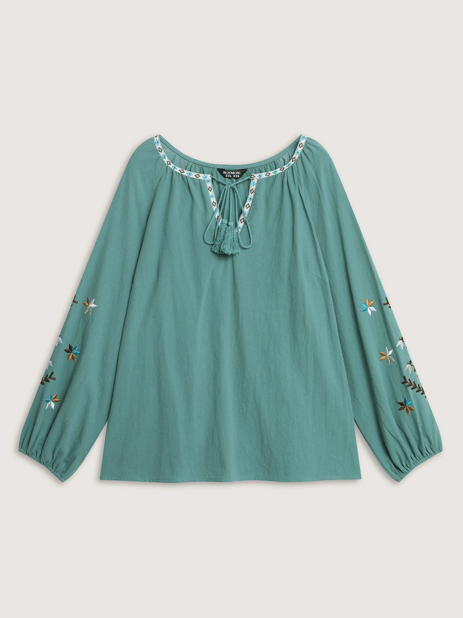 Cotton Floral Embroidered Sleeve Neckline Tie Blouse - Image 7