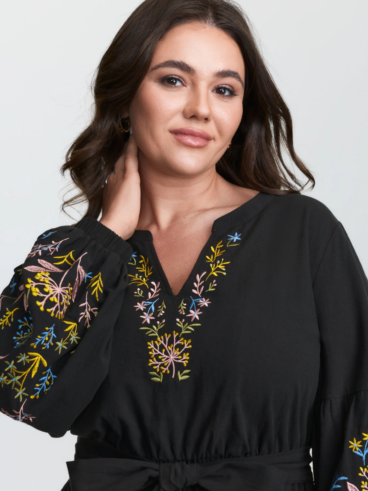 Cotton Floral Embroidery Belted Midi Dress - Image 2