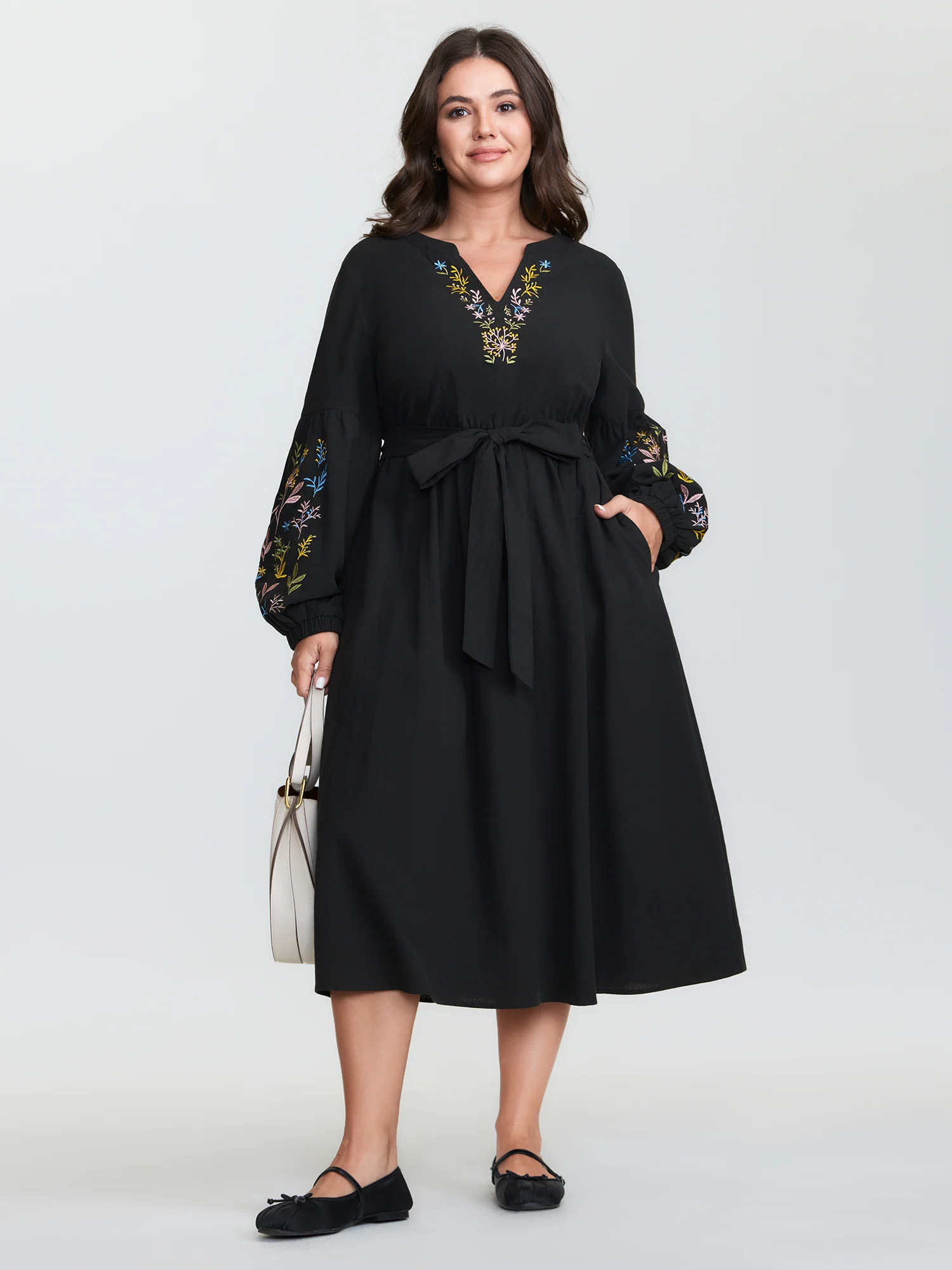 Cotton Floral Embroidery Belted Midi Dress - Image 3