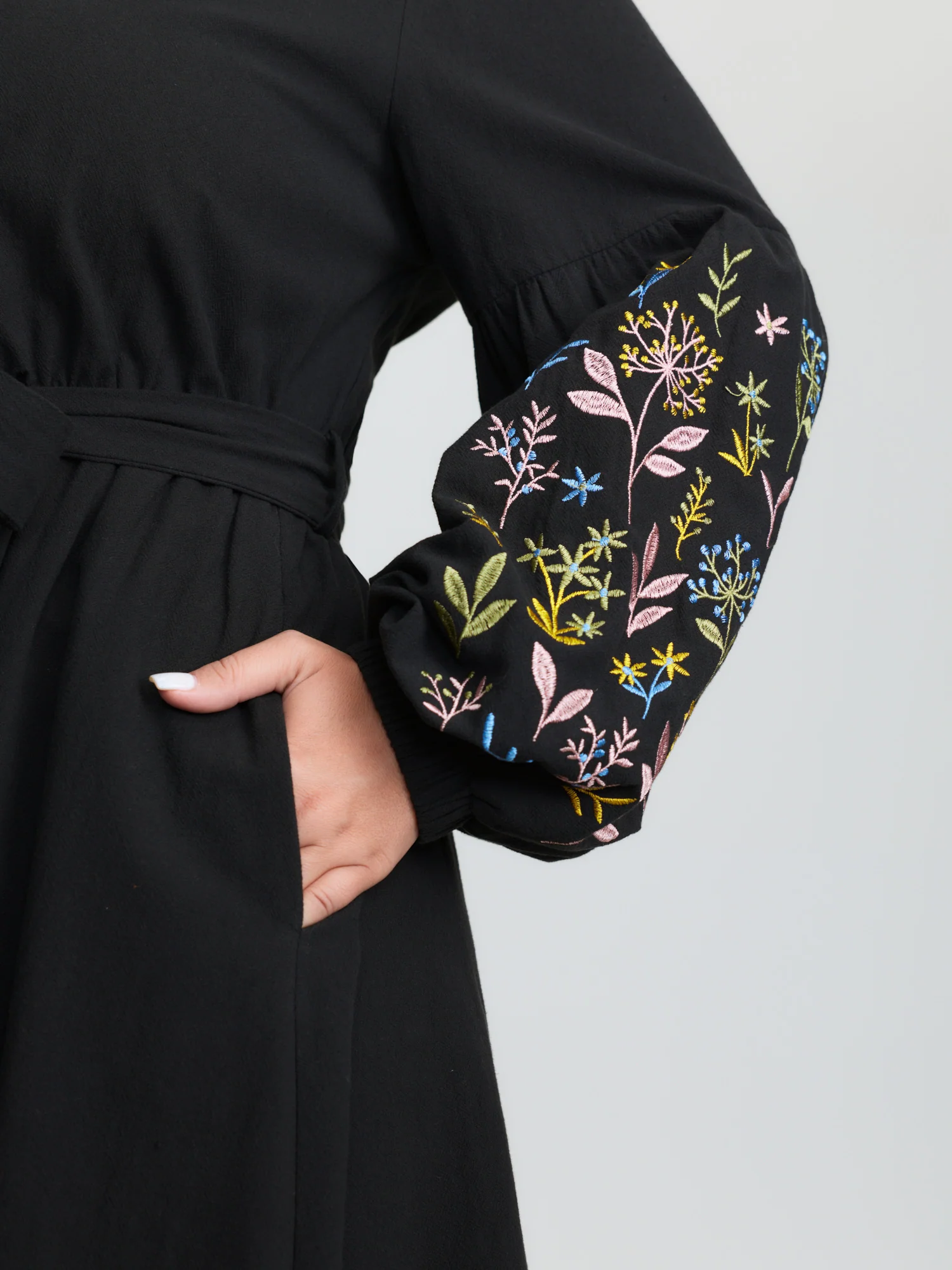 Cotton Floral Embroidery Belted Midi Dress - Image 4