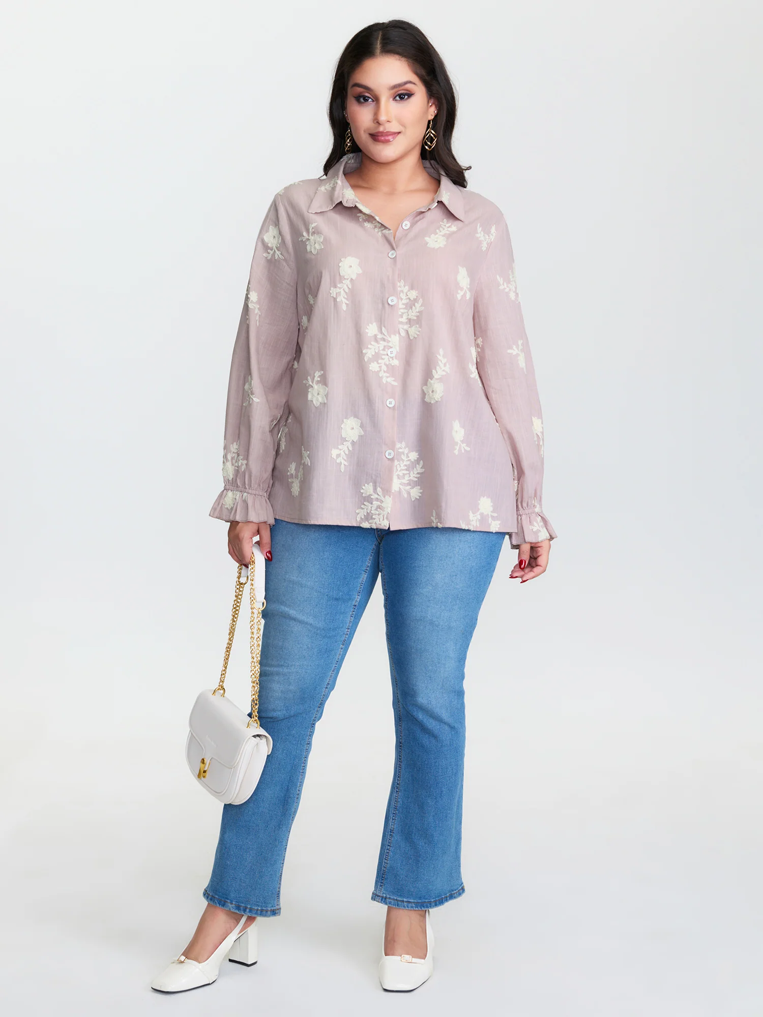 Cotton Floral Embroidery Button-Down Blouse - Image 2