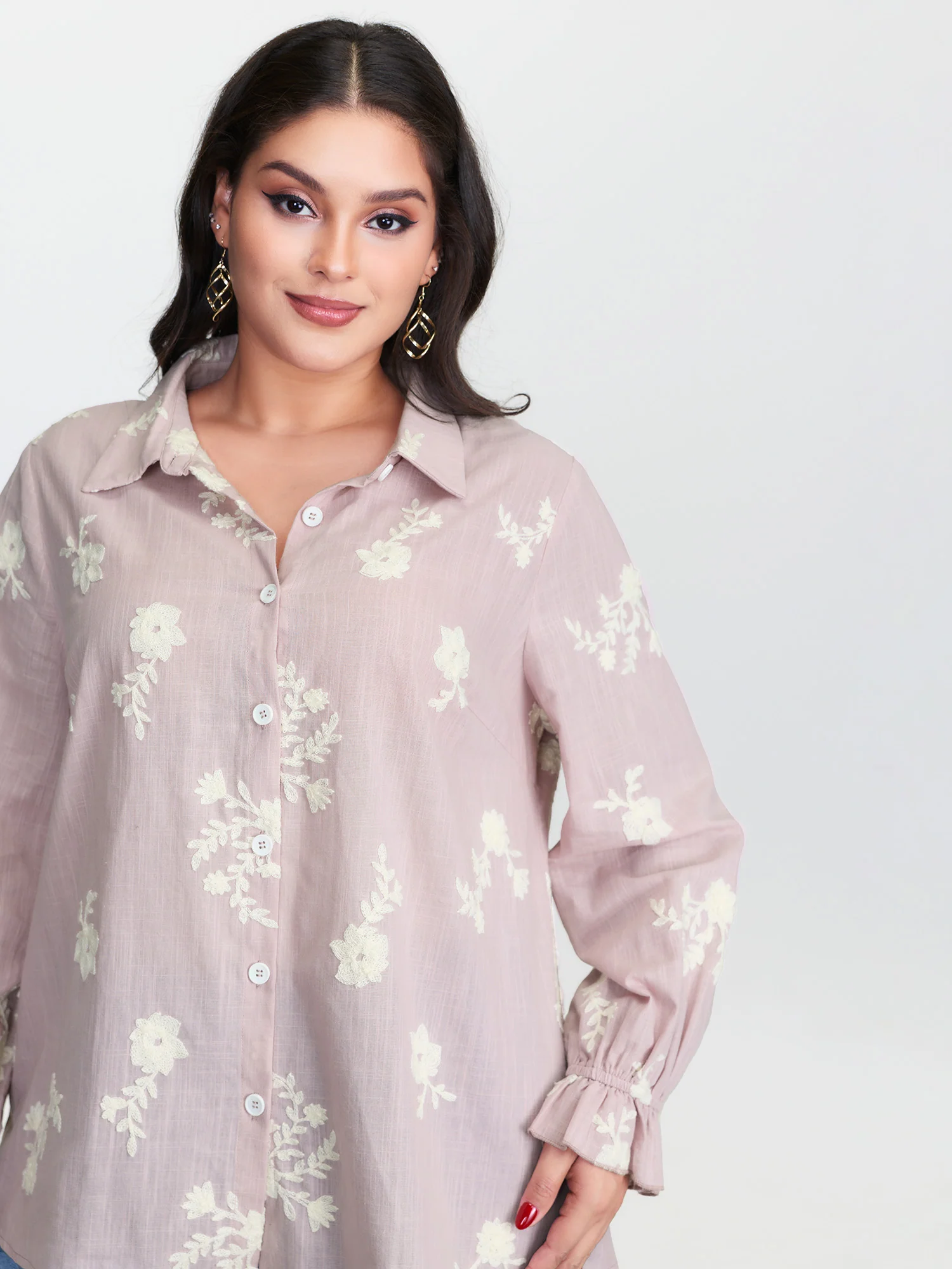 Cotton Floral Embroidery Button-Down Blouse - Image 3
