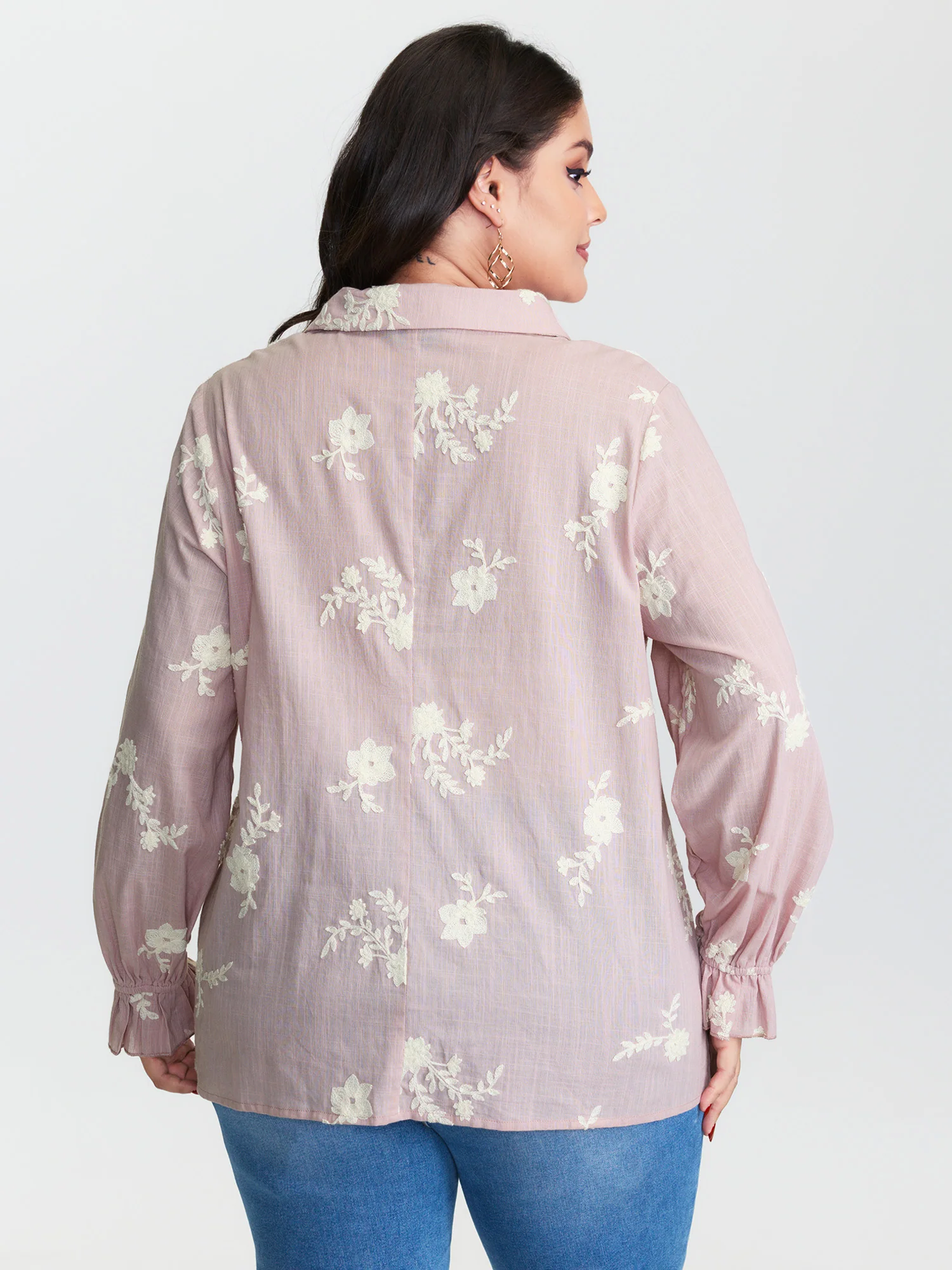 Cotton Floral Embroidery Button-Down Blouse - Image 4