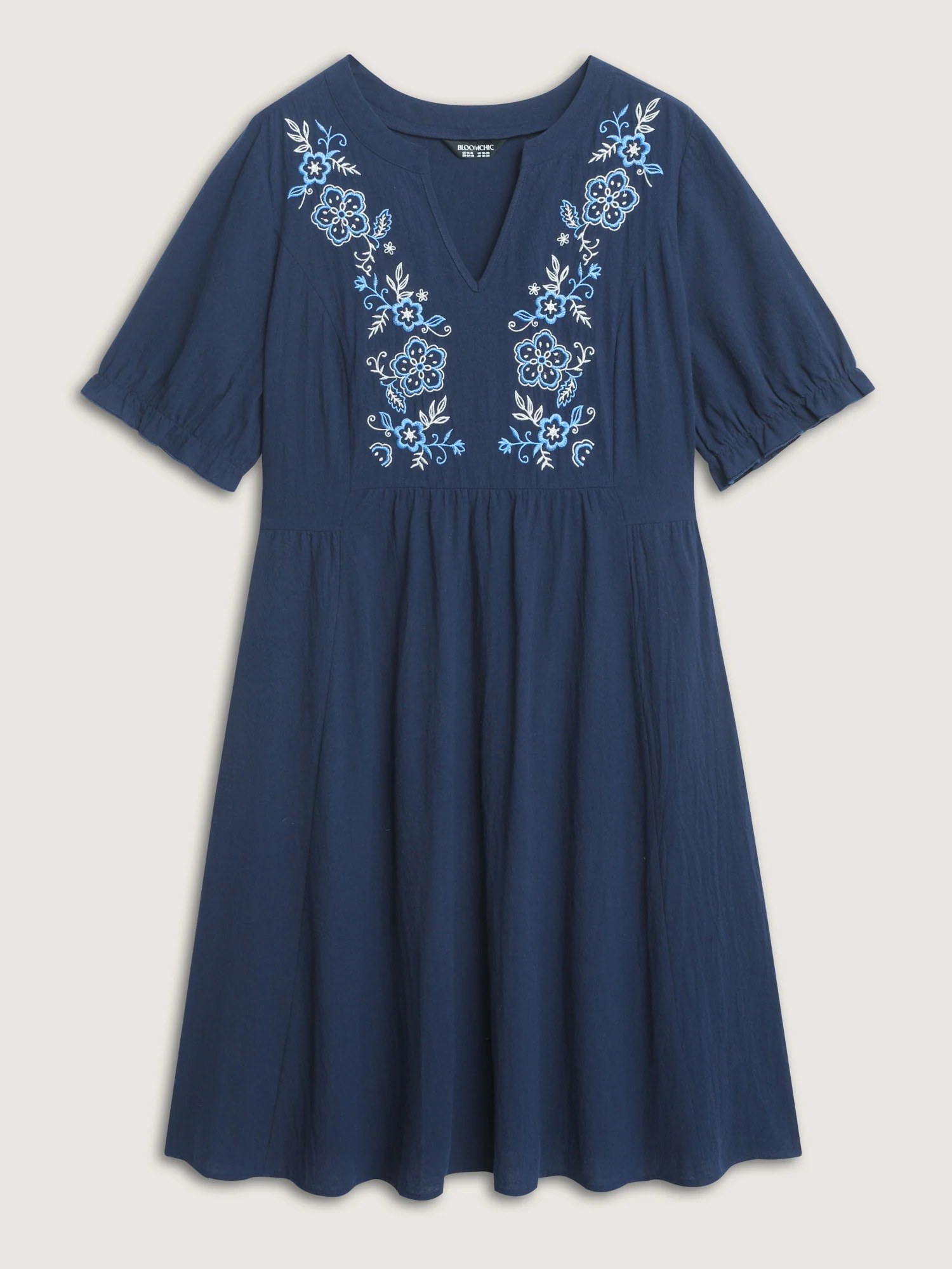 Cotton Floral Embroidery Notched Collar Mini Dress - Image 7
