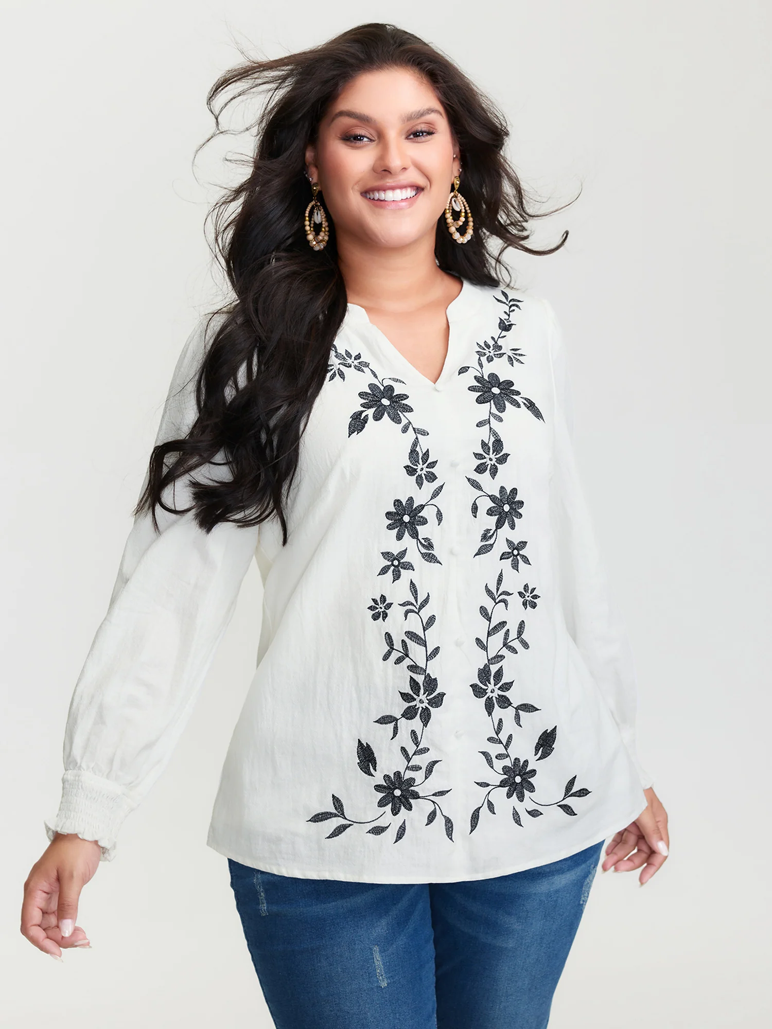 Cotton Floral Embroidery Shirred Blouse - Image 2