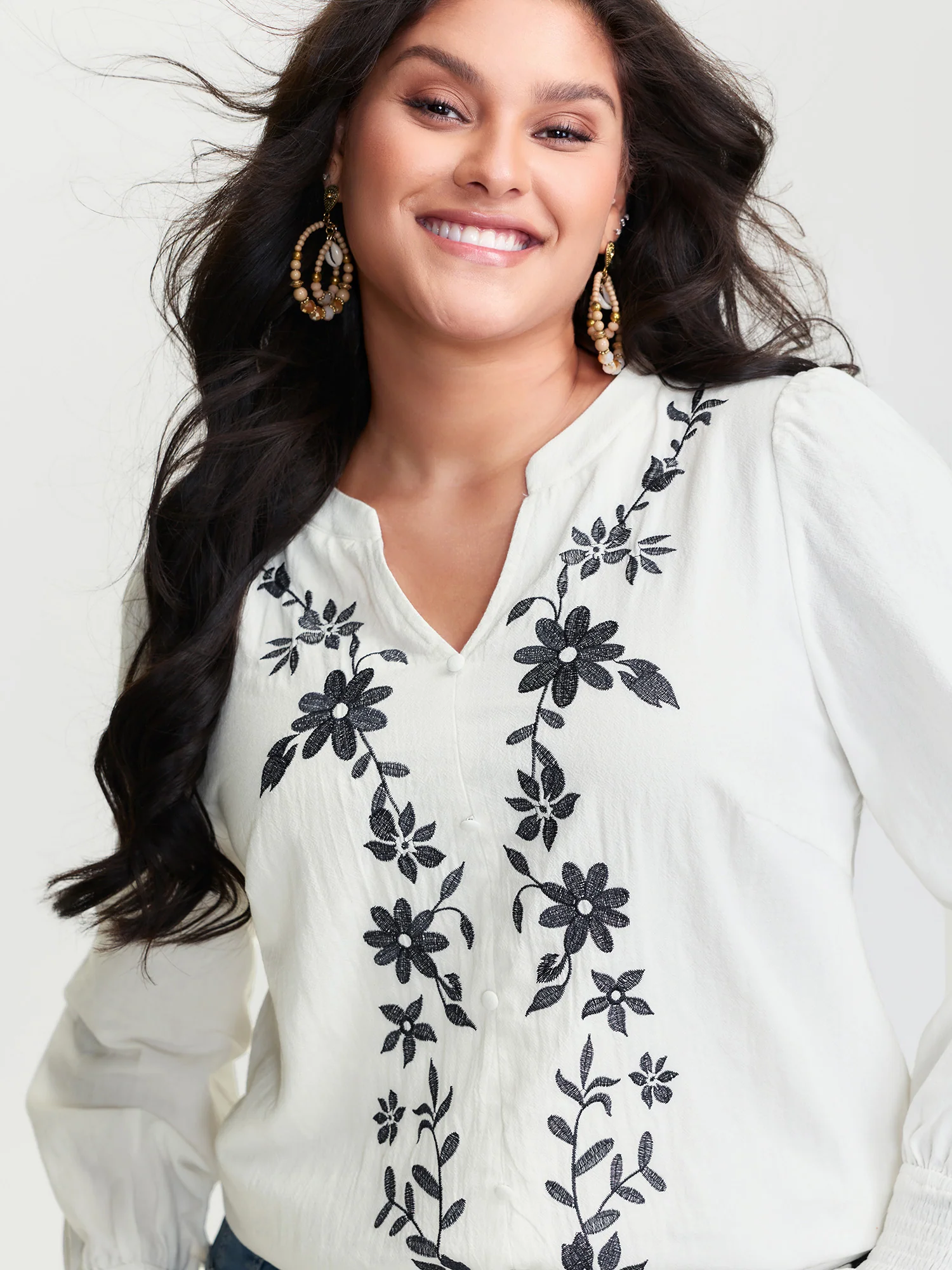 Cotton Floral Embroidery Shirred Blouse - Image 4
