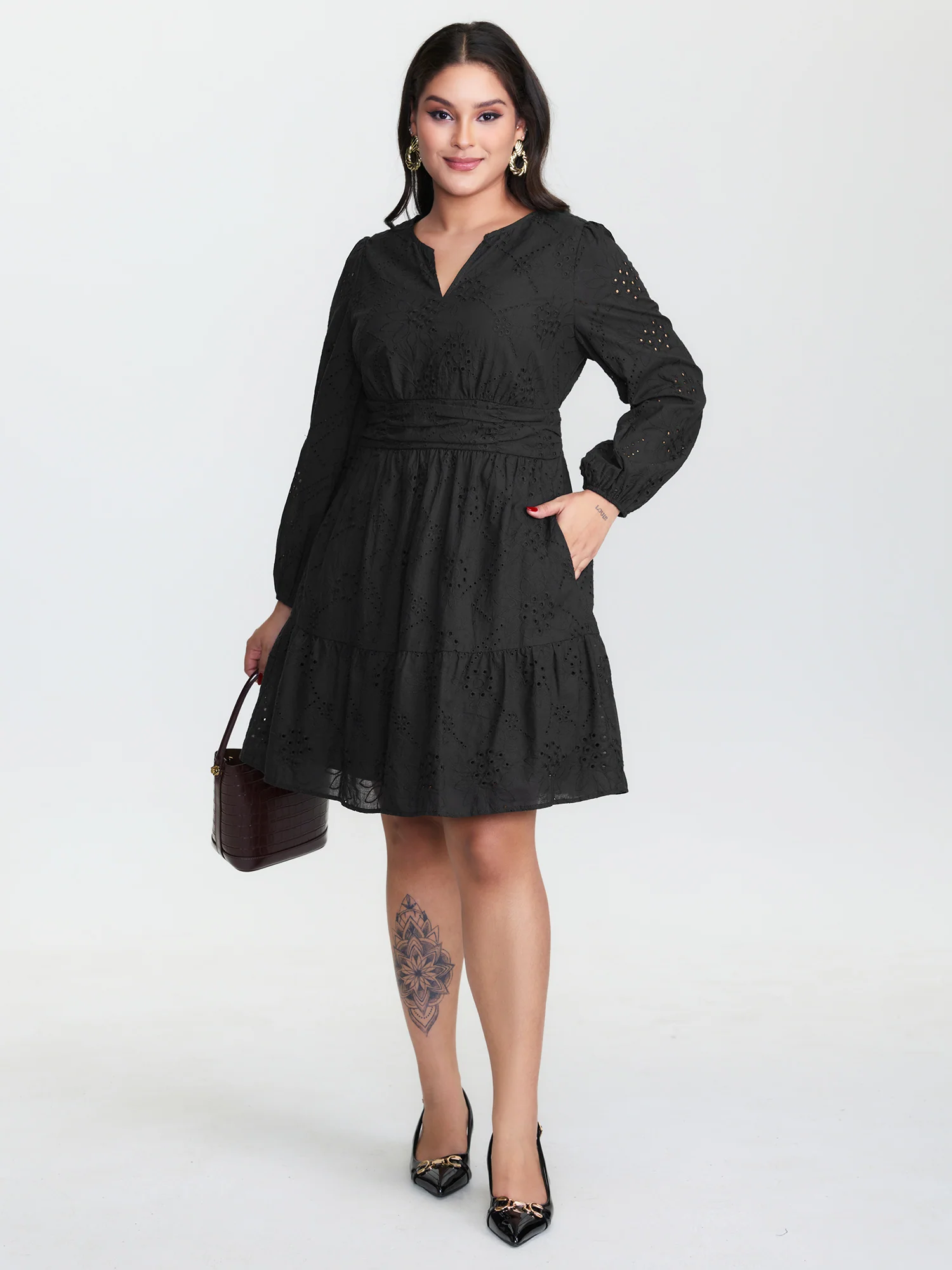 Cotton Floral Eyelet Embroidery Tiered Mini Dress - Image 2