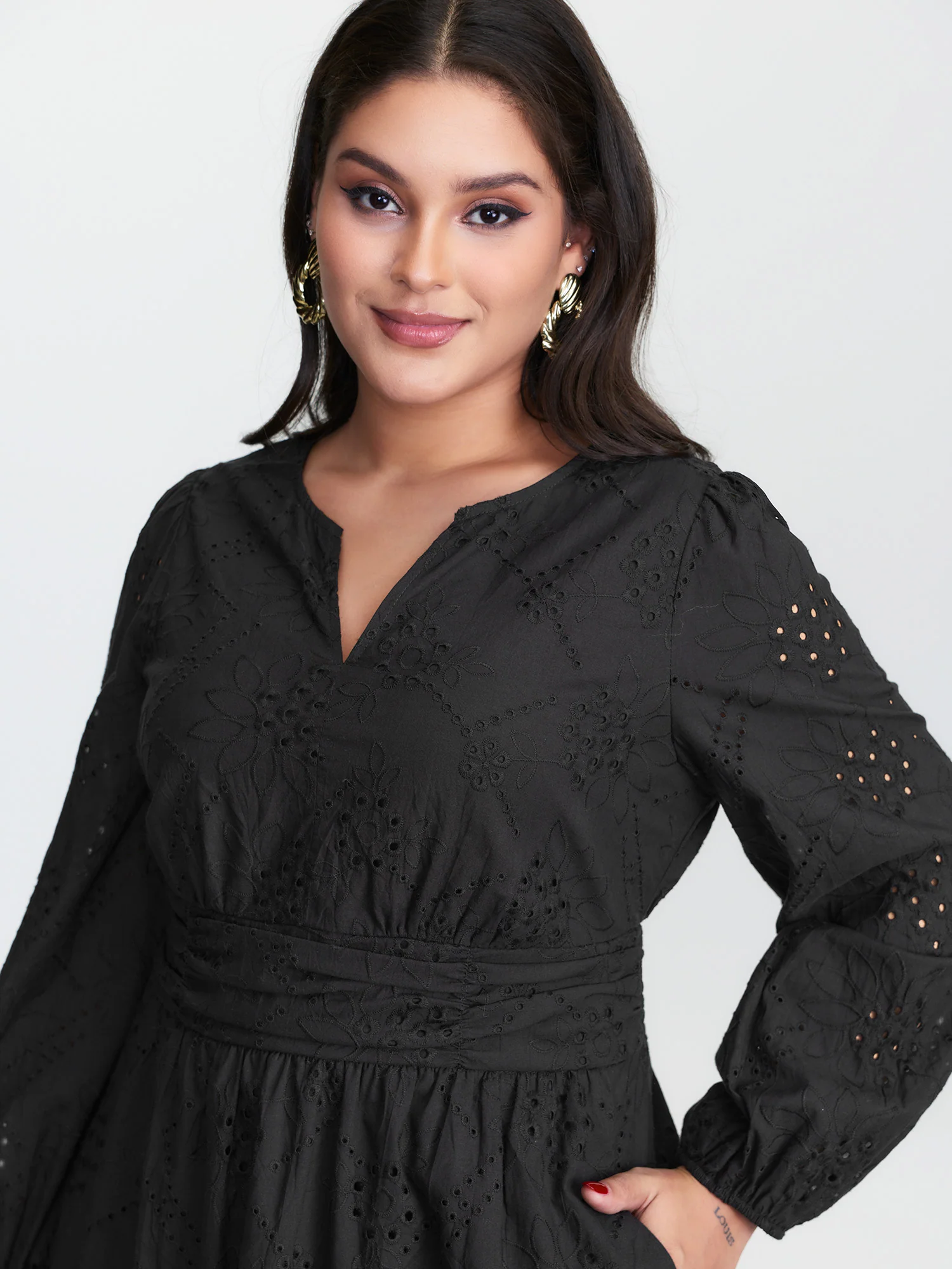 Cotton Floral Eyelet Embroidery Tiered Mini Dress - Image 3