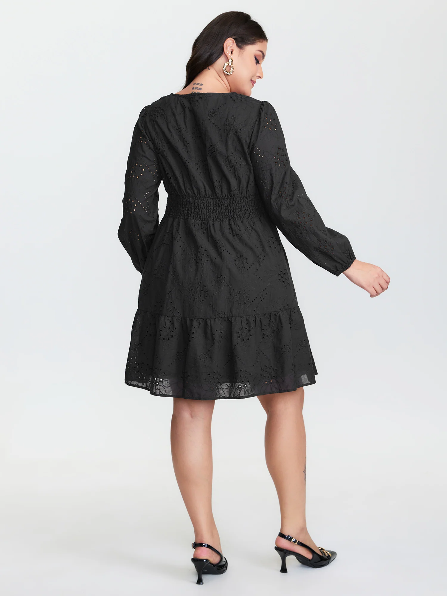 Cotton Floral Eyelet Embroidery Tiered Mini Dress - Image 4
