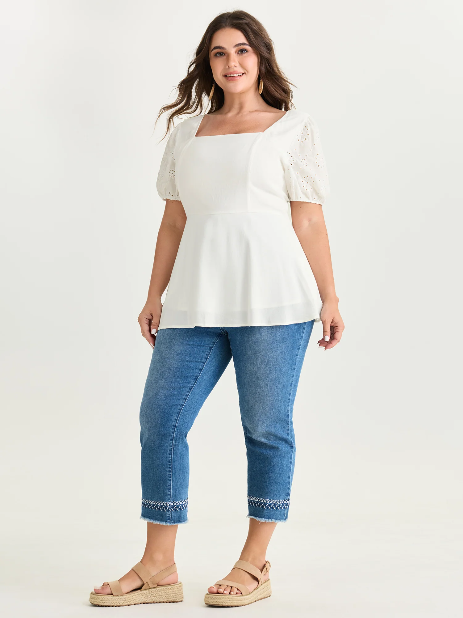Cotton Floral Eyelet Trim Fit And Flare Blouse - Image 3