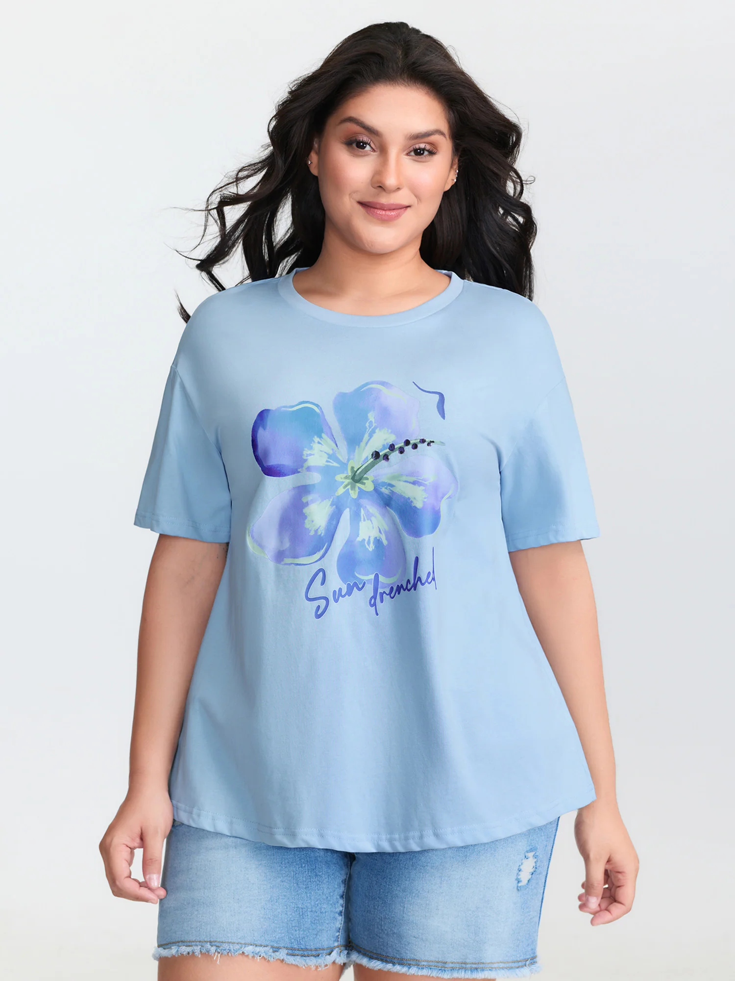 Cotton Floral Motif Drop Shoulder T-Shirt - Image 2