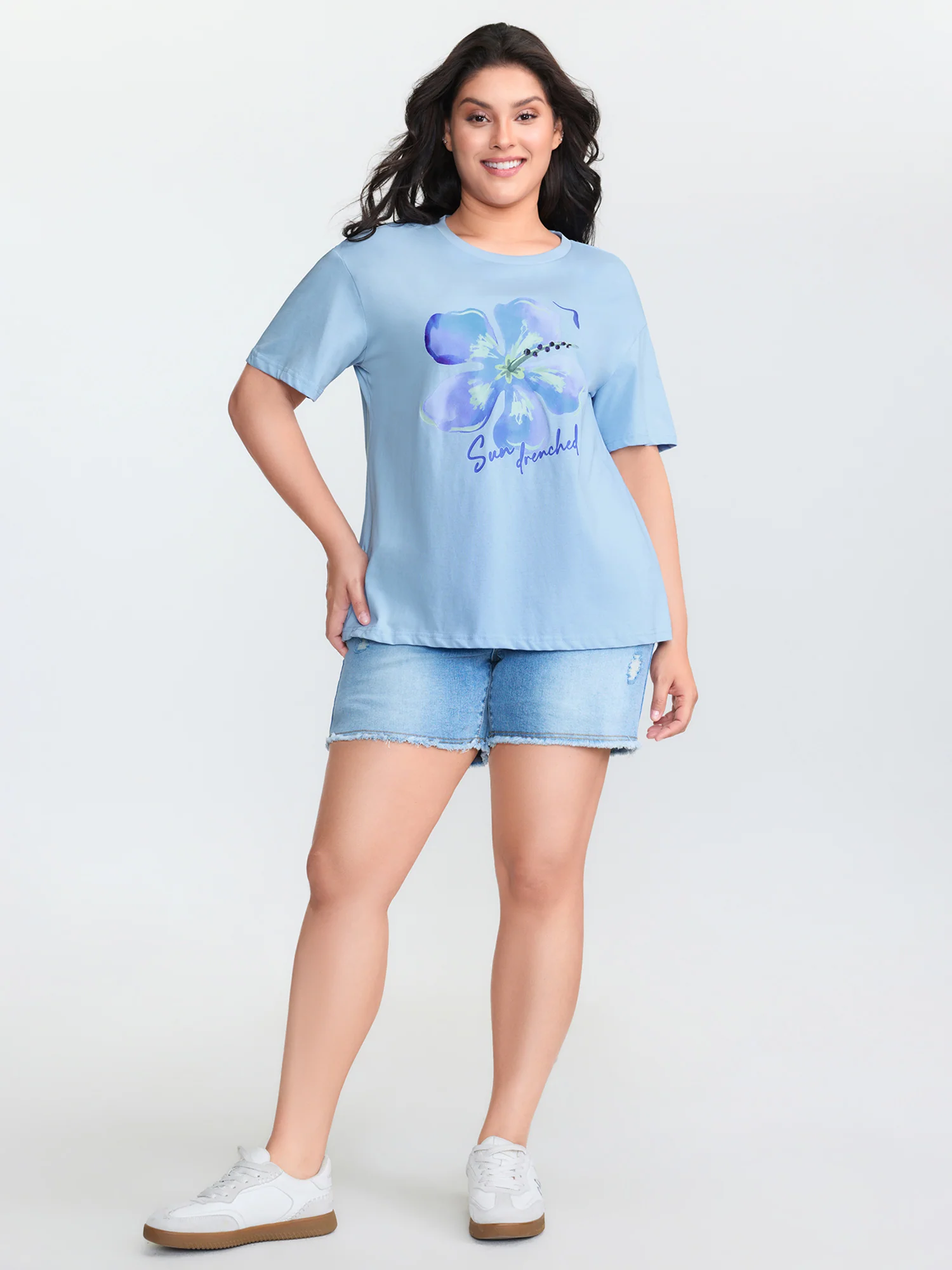 Cotton Floral Motif Drop Shoulder T-Shirt - Image 3