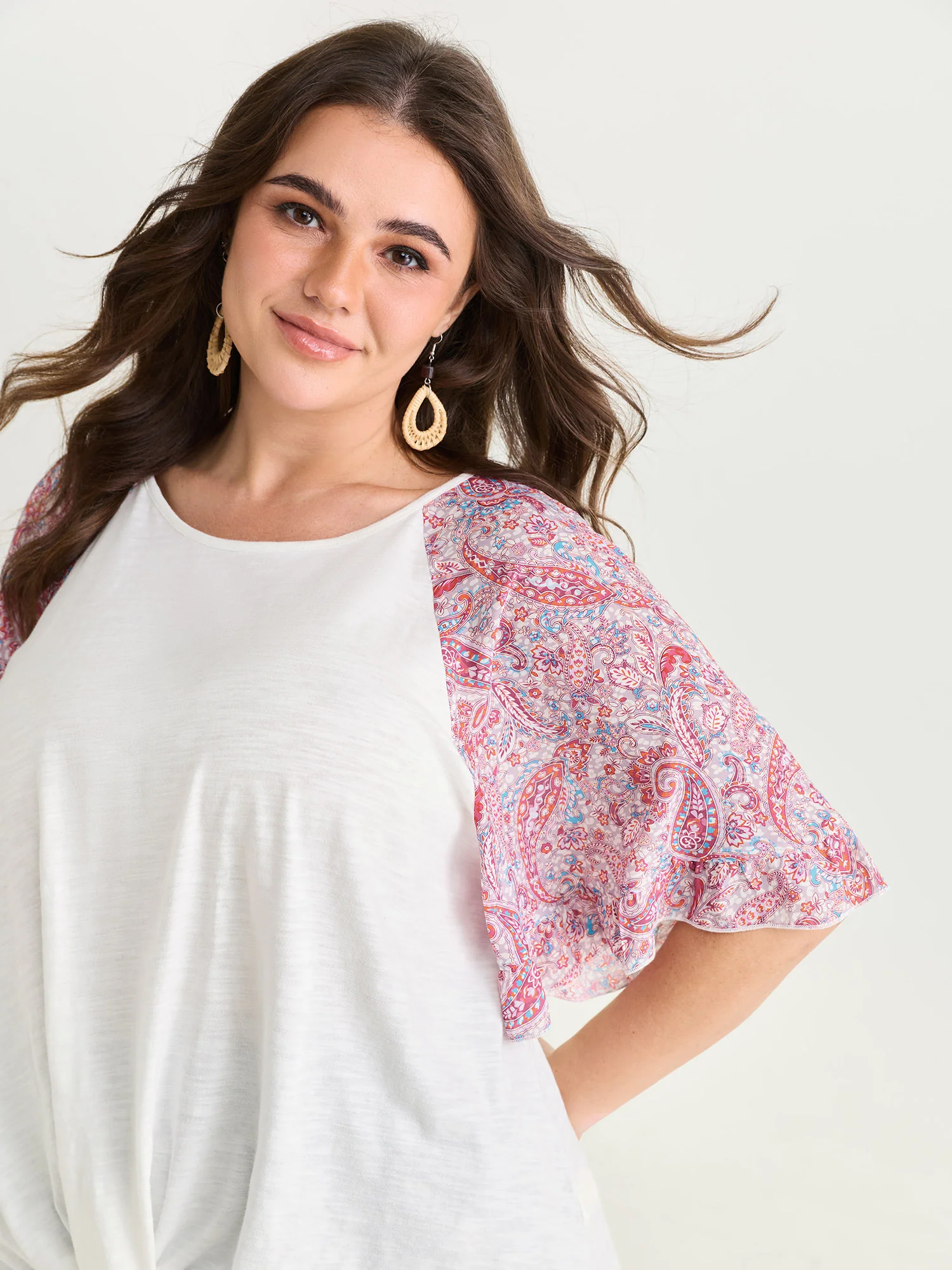 Cotton Floral Print Color Contrast Flared Sleeve T-Shirt - Image 2