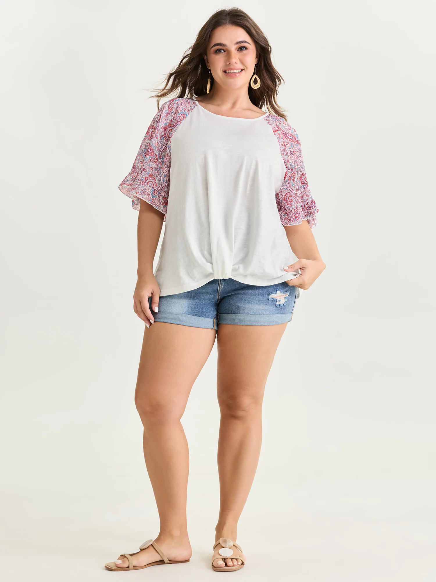 Cotton Floral Print Color Contrast Flared Sleeve T-Shirt - Image 3