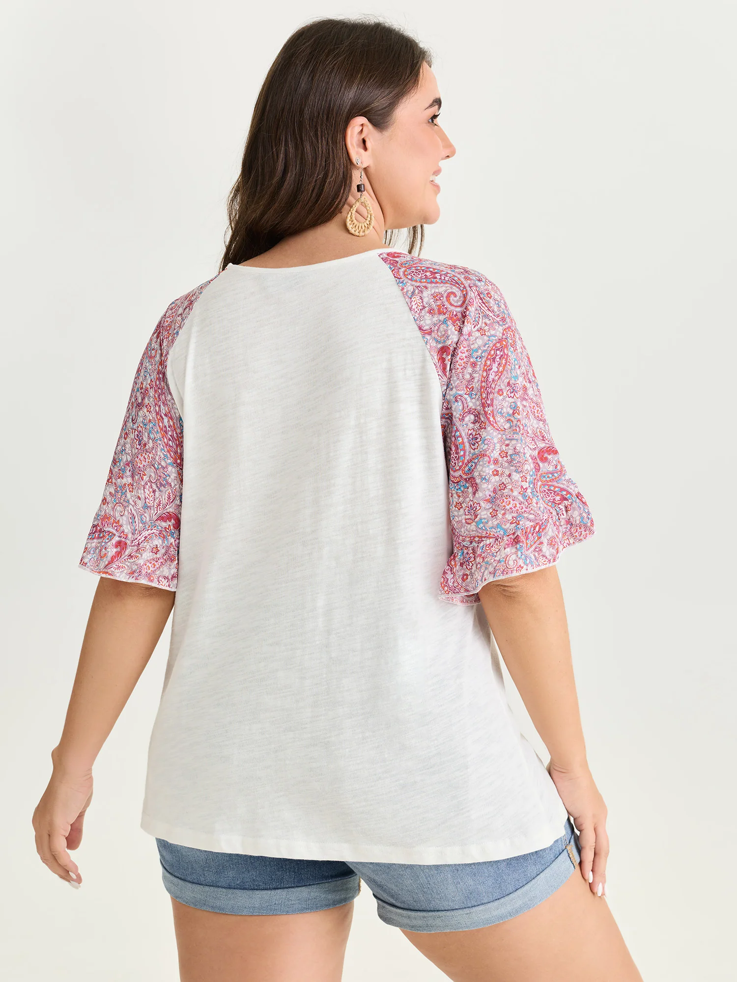 Cotton Floral Print Color Contrast Flared Sleeve T-Shirt - Image 4