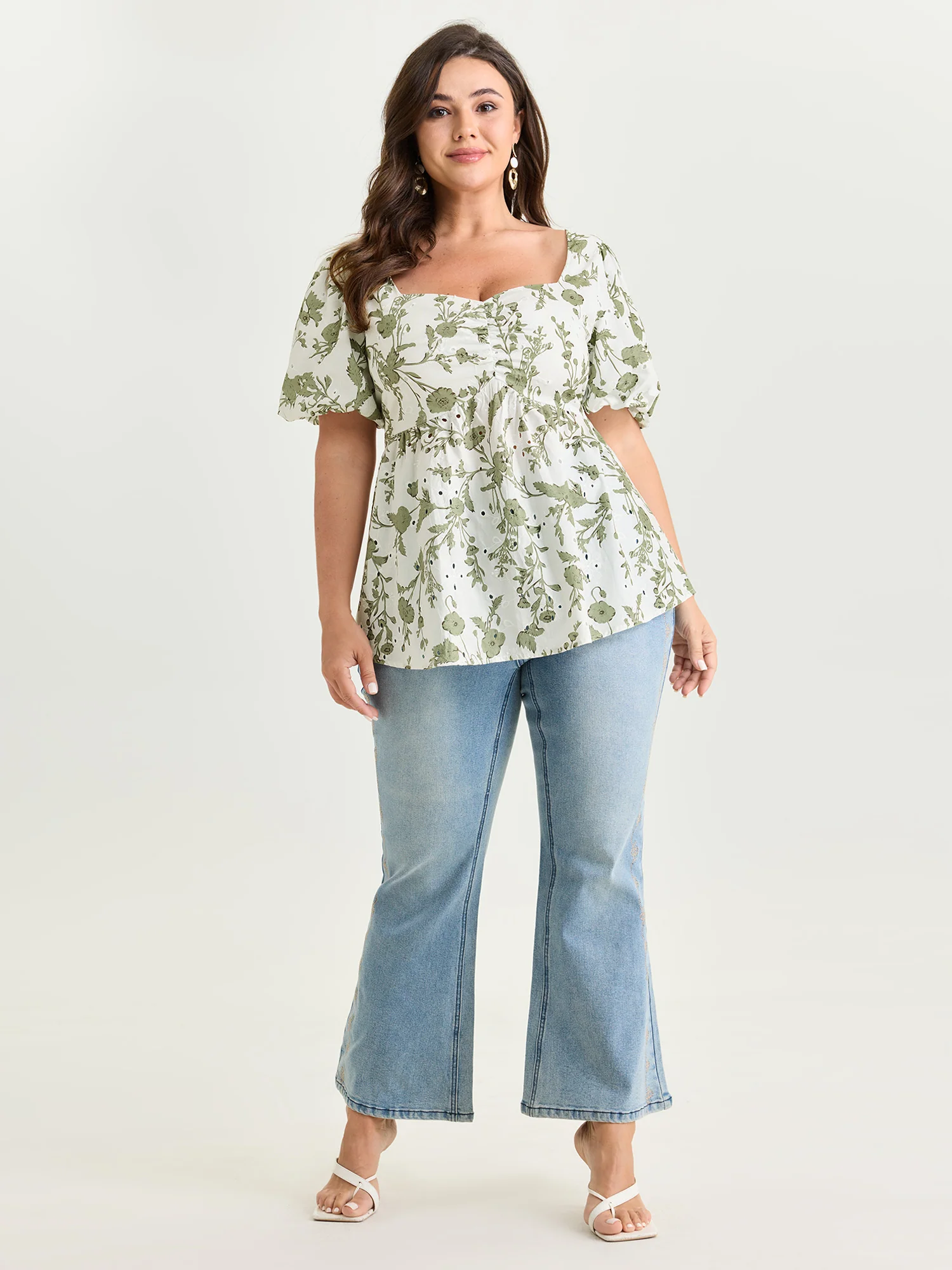 Cotton Floral Print Ruched Bubble Sleeve Blouse - Image 3