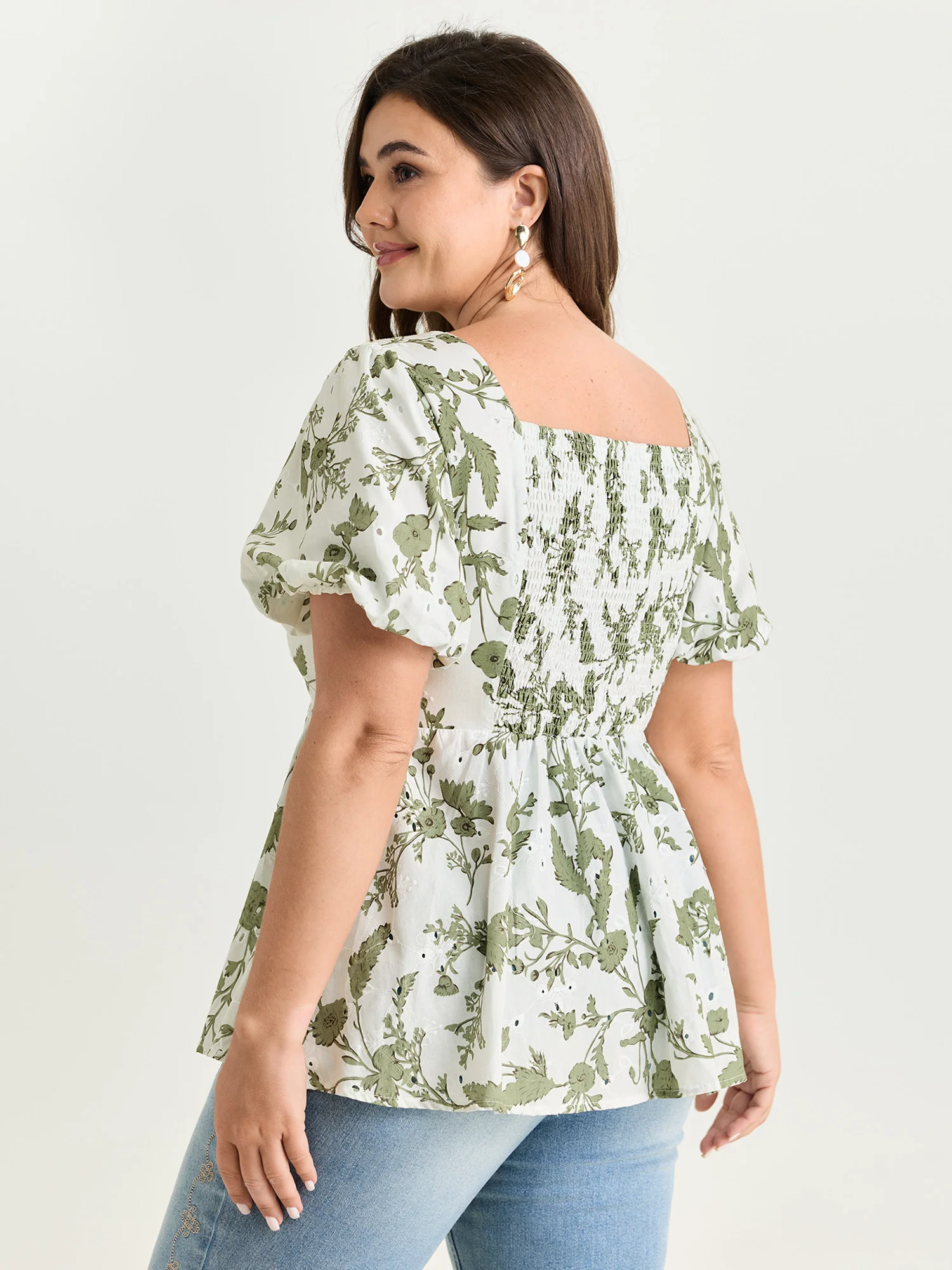 Cotton Floral Print Ruched Bubble Sleeve Blouse - Image 4