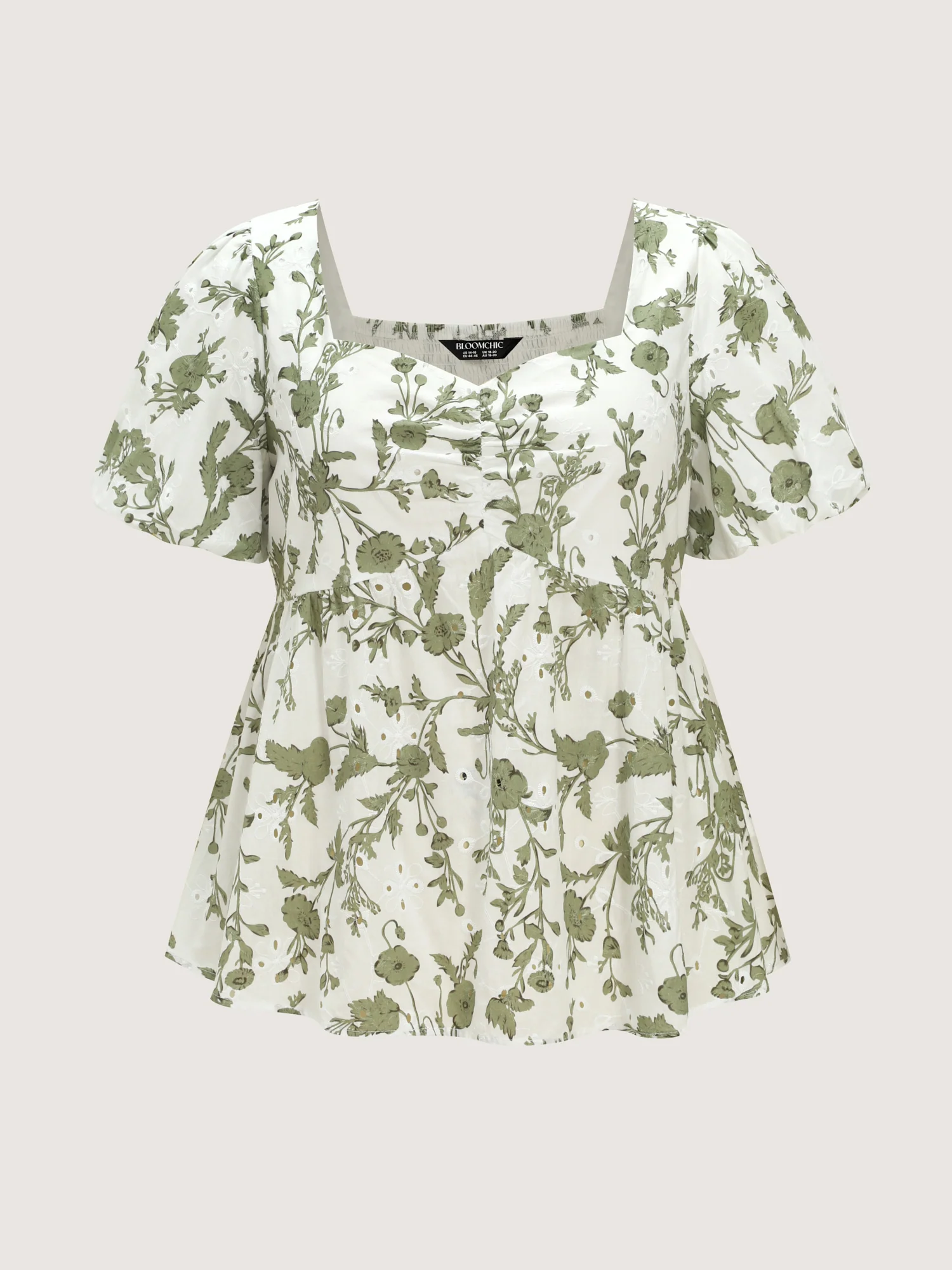 Cotton Floral Print Ruched Bubble Sleeve Blouse - Image 7