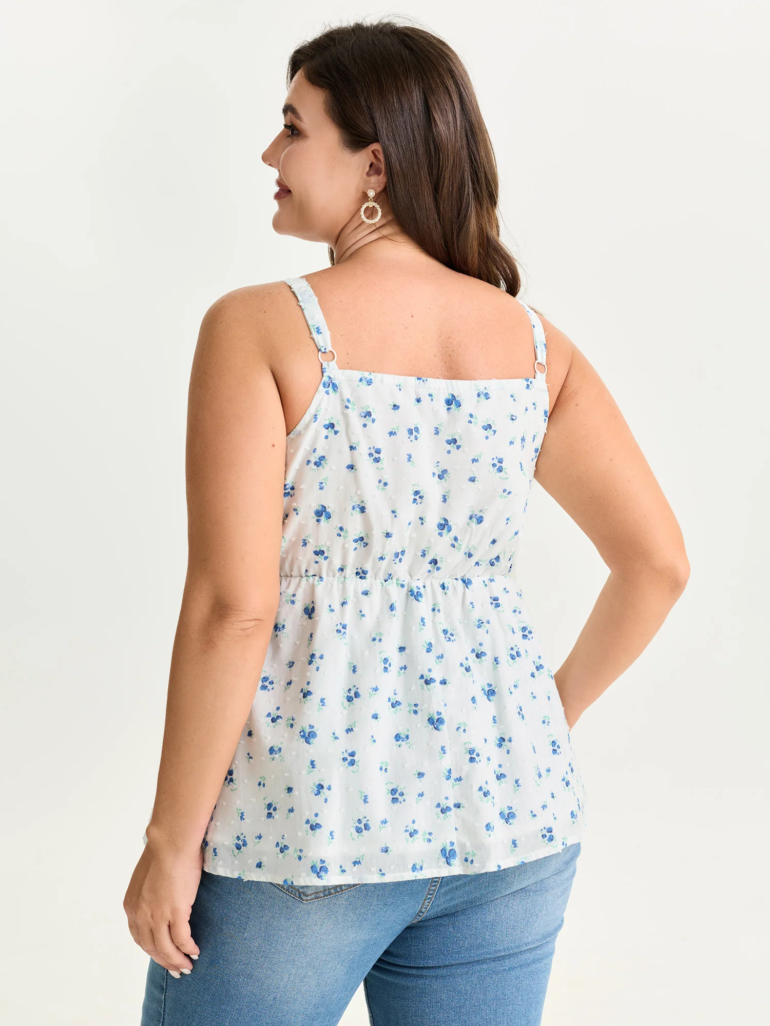 Cotton Floral Print Ruched Drawstring Neckline Tank Top - Image 4