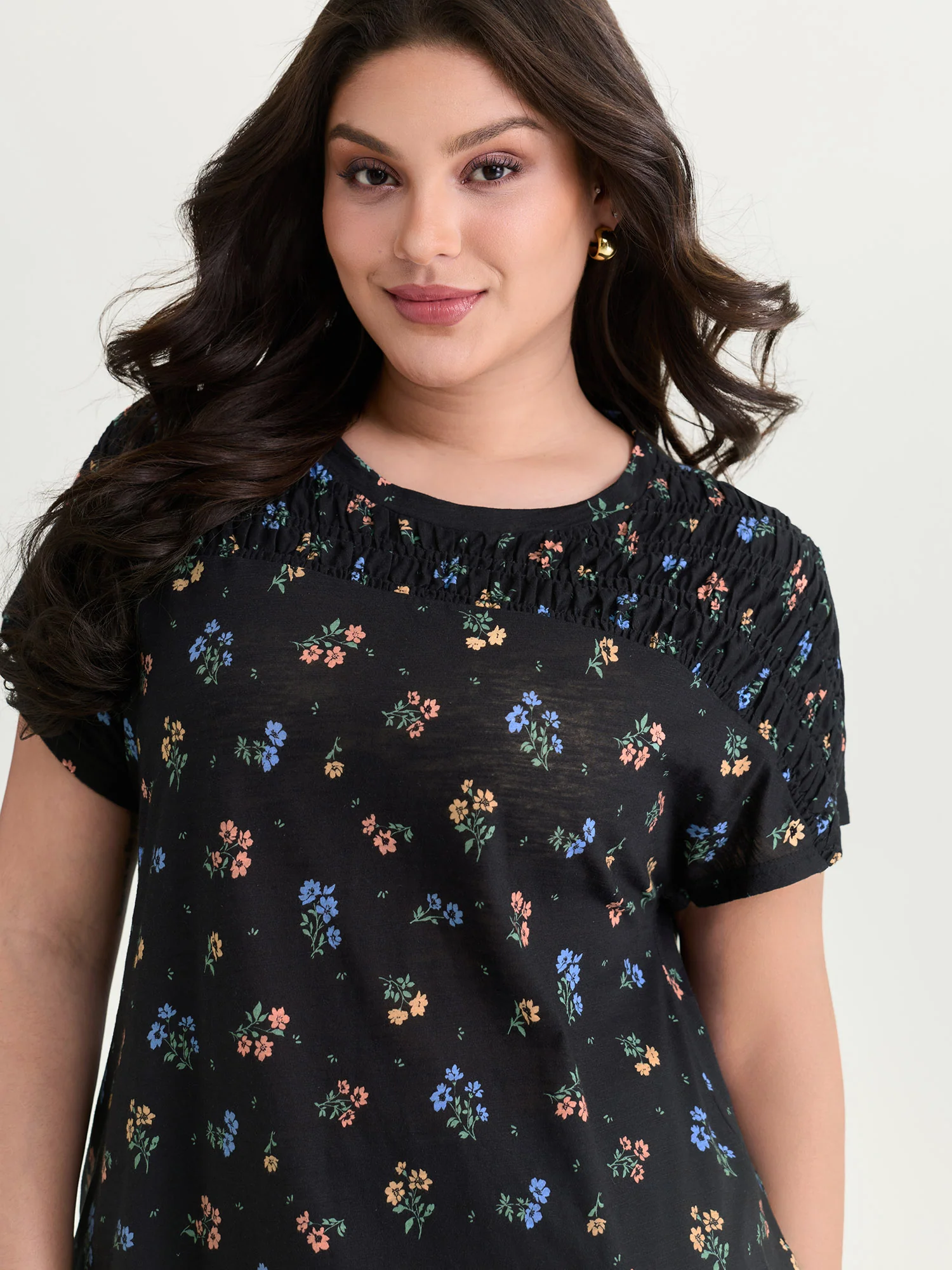 Cotton Floral Print Shirred Half-Sleeve T-Shirt - Image 2