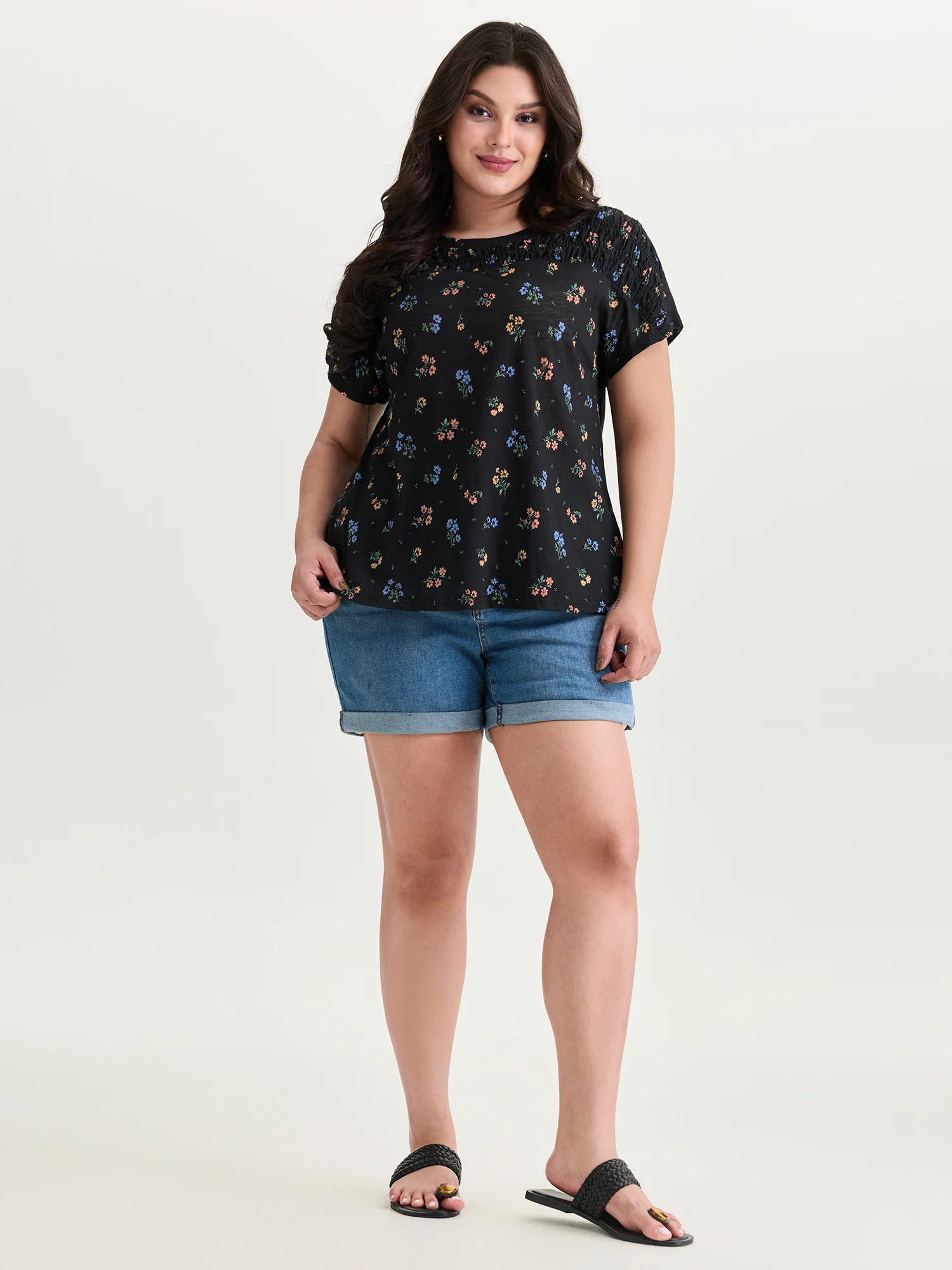 Cotton Floral Print Shirred Half-Sleeve T-Shirt - Image 3