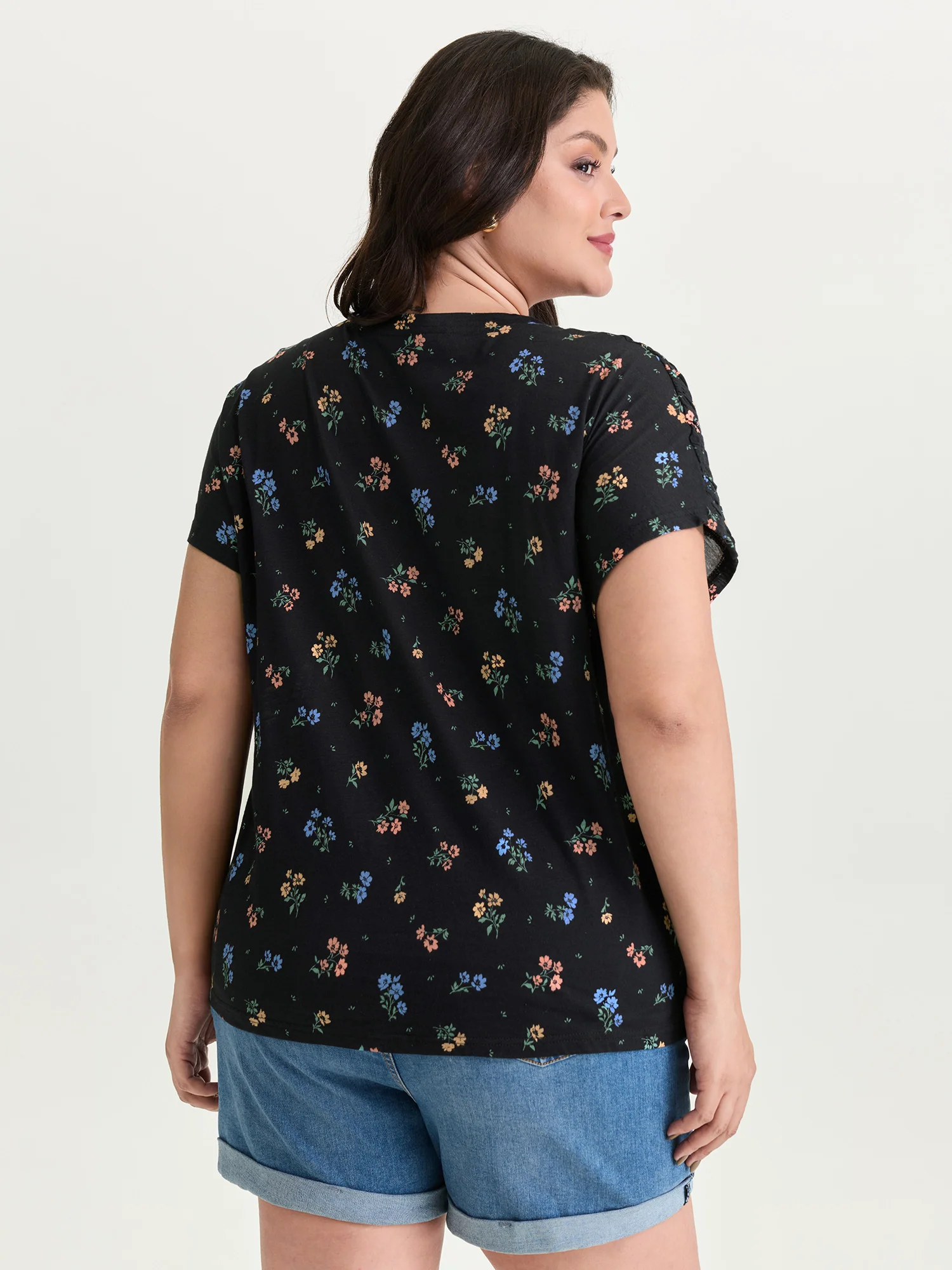 Cotton Floral Print Shirred Half-Sleeve T-Shirt - Image 4