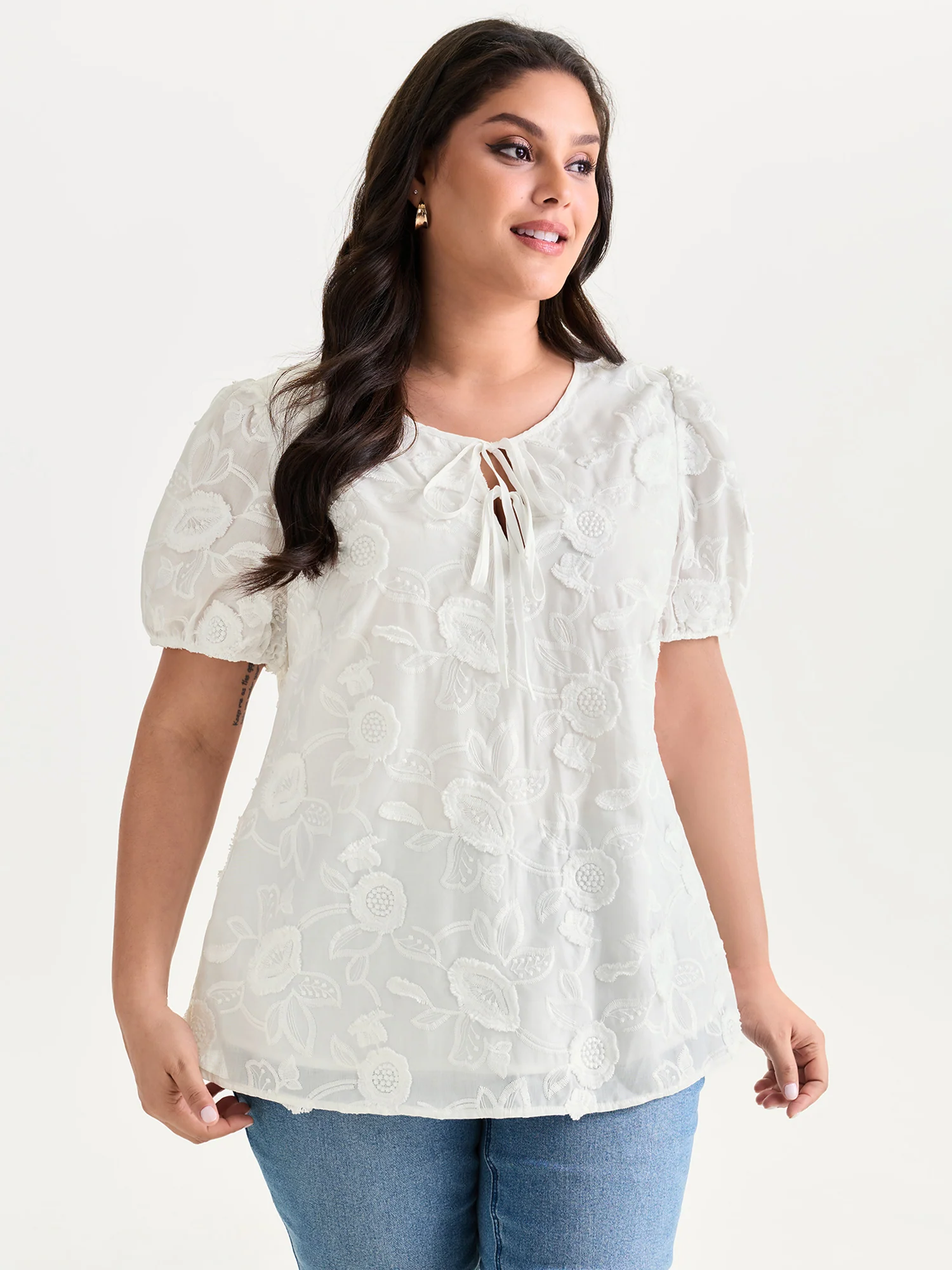 Cotton Floral Textured Puff Sleeve Lined Blouse