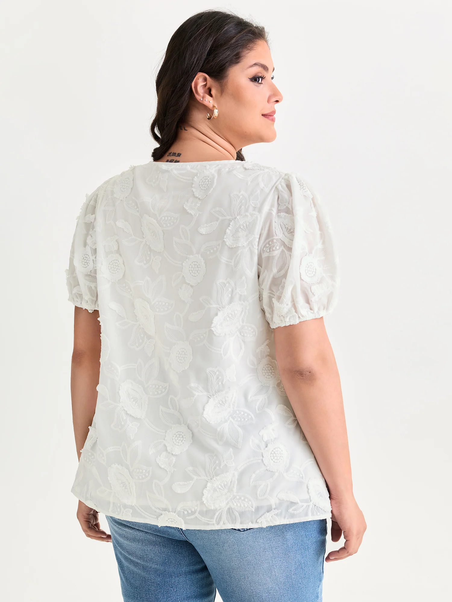 Cotton Floral Textured Puff Sleeve Lined Blouse - Image 4