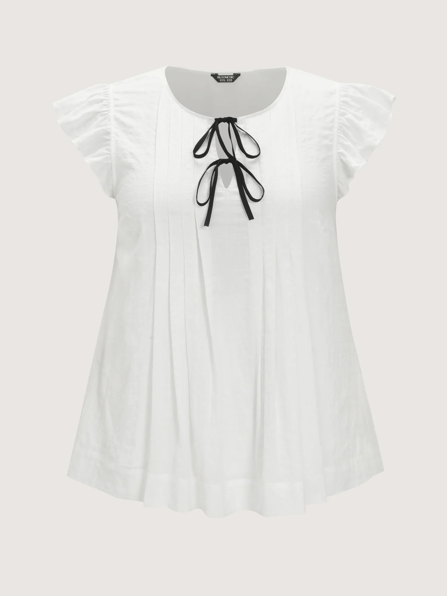 Cotton Flutter Sleeve Pleated Contrast Bows Blouse - Image 7